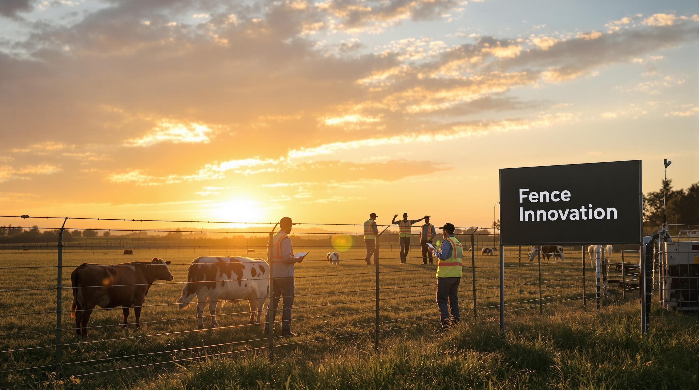 Modern farm sunrise with mixed fencing and farmers planning