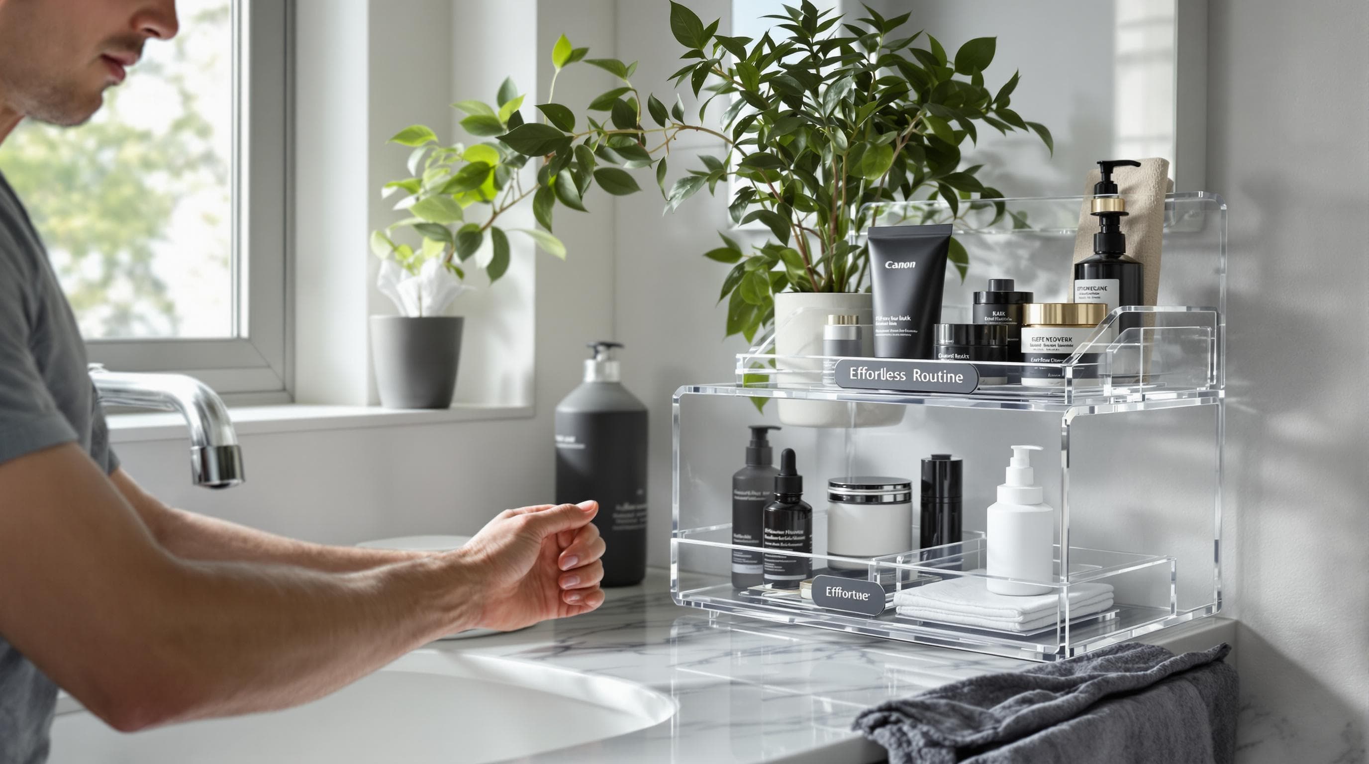 Hand reaching for moisturizer on multi-functional organized bathroom counter