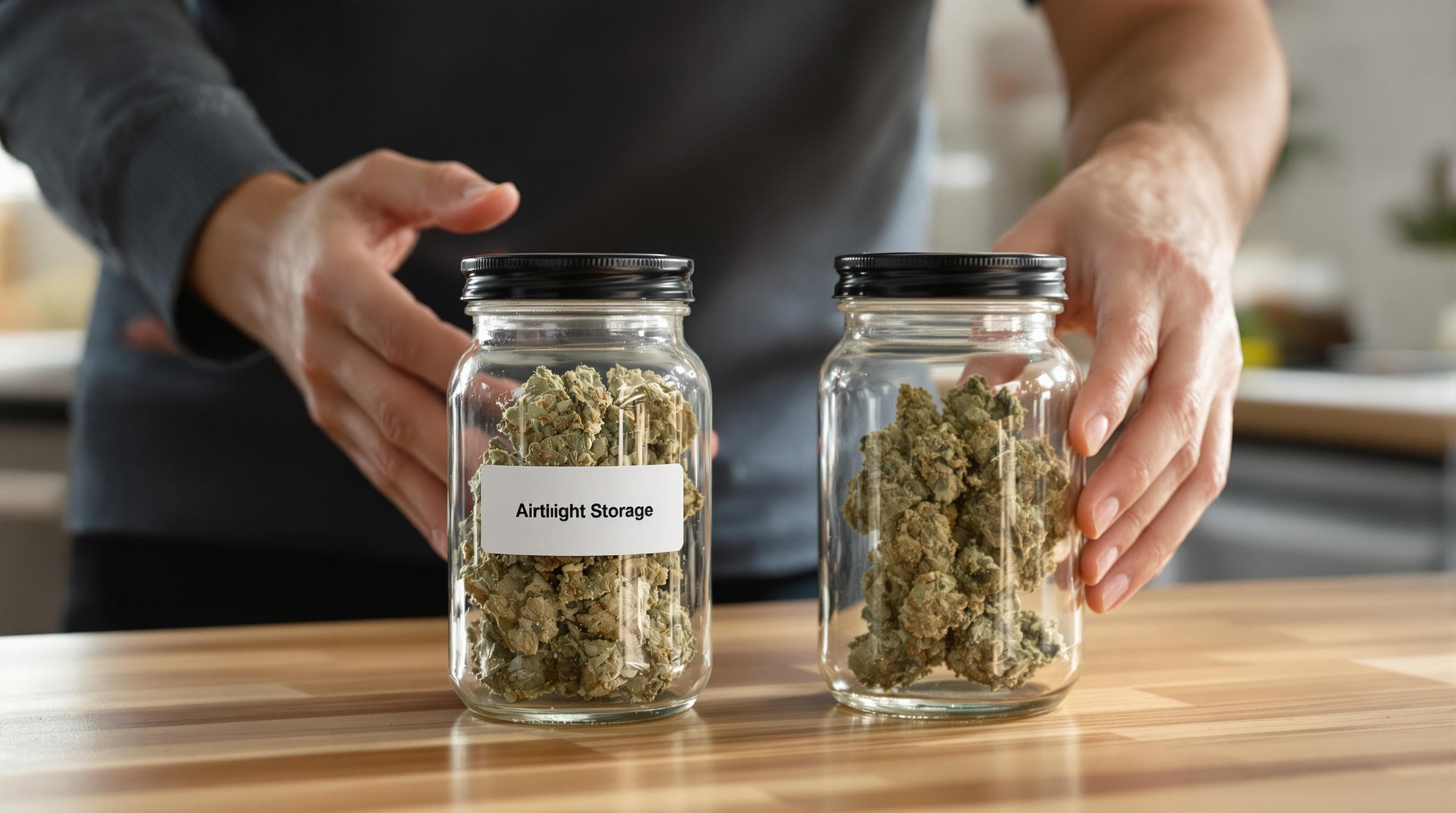 Hands inspecting airtight glass cannabis jars, labeled for storage method