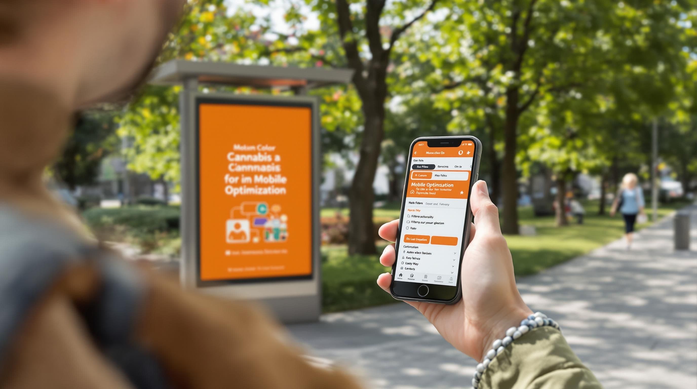 Person using cannabis dispensary app on phone in city park with 'Mobile Optimization' in background ad