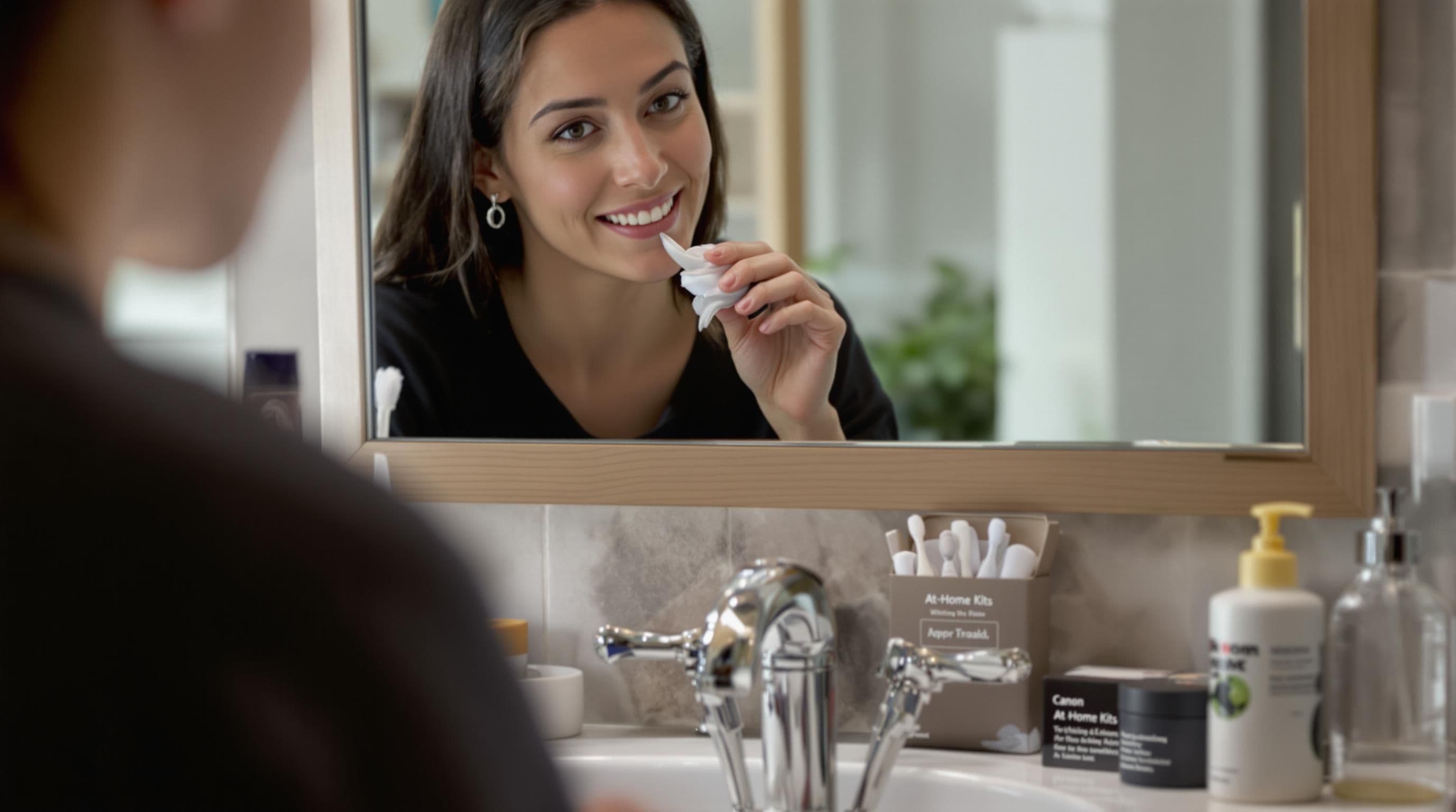 Person using teeth whitening tray kit with 'At-Home Kits' label in bathroom