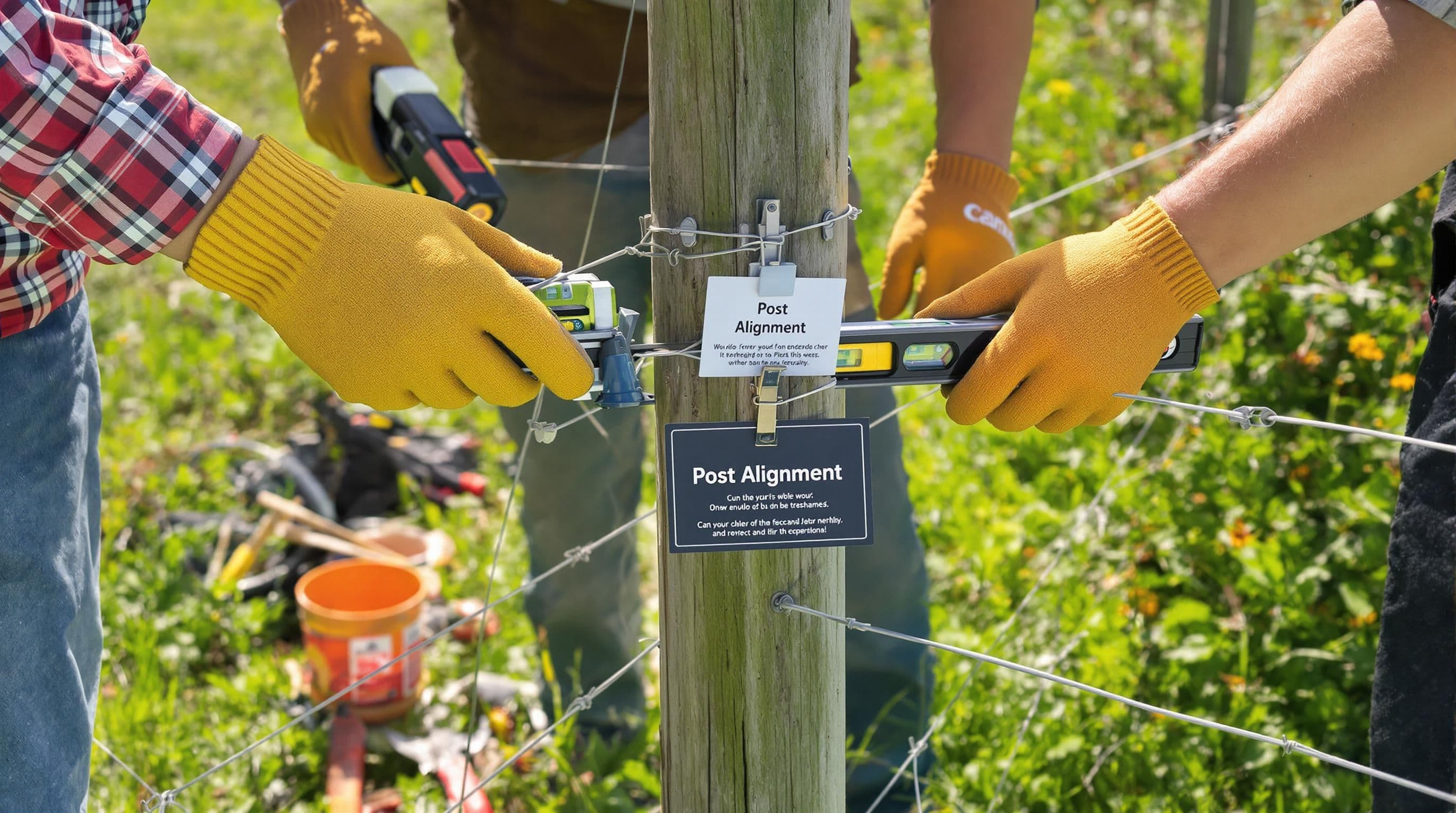 Landowner aligns fence post with helper stretching wire during installation