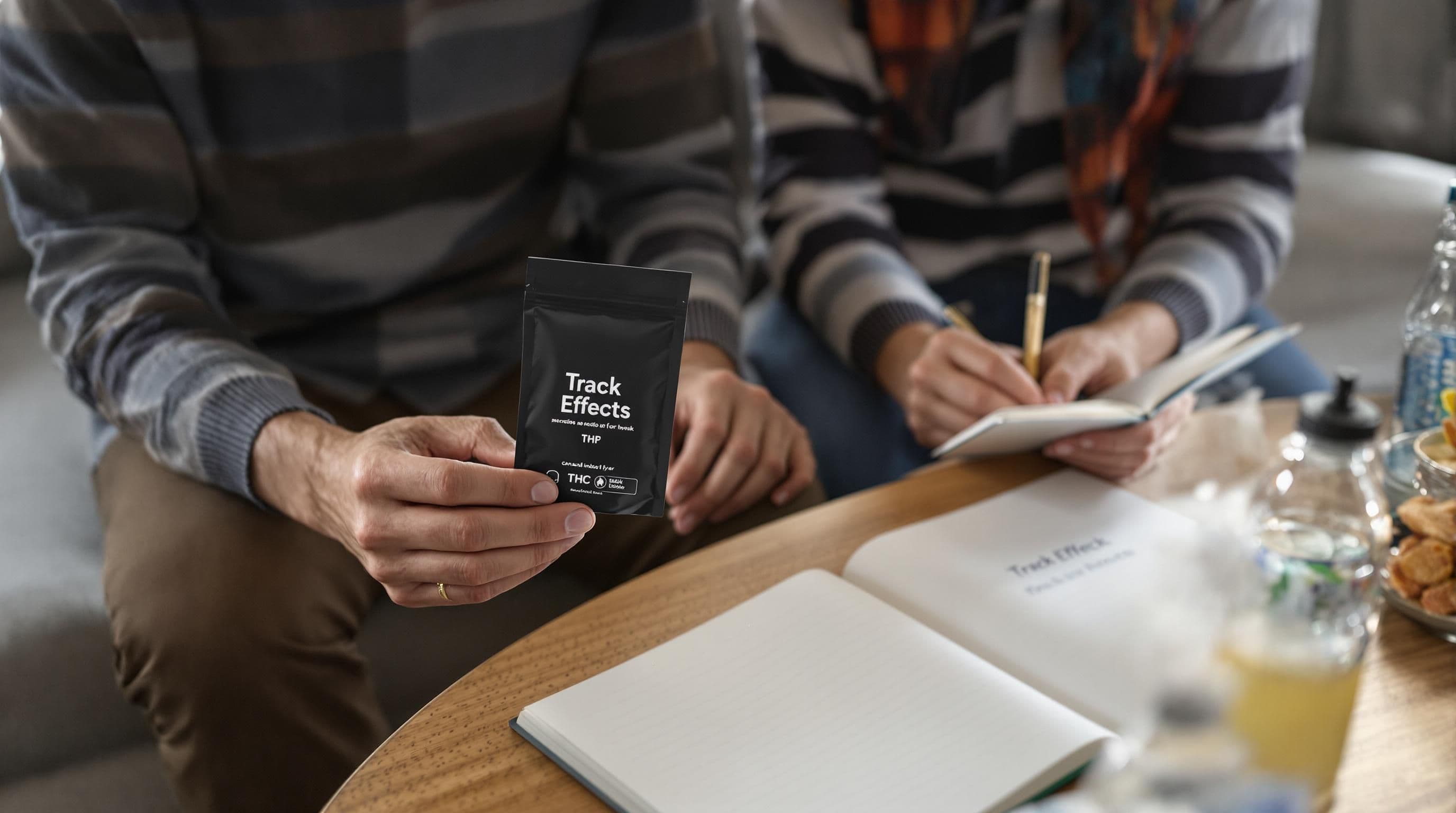 Friends journaling cannabis edible effects in a comfortable living room