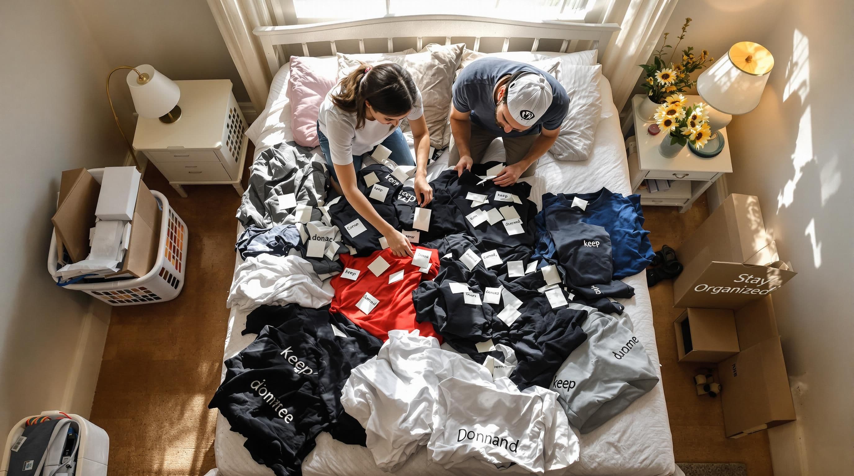 People sorting clothes on a bed with organization piles and 'Stay Organized' note