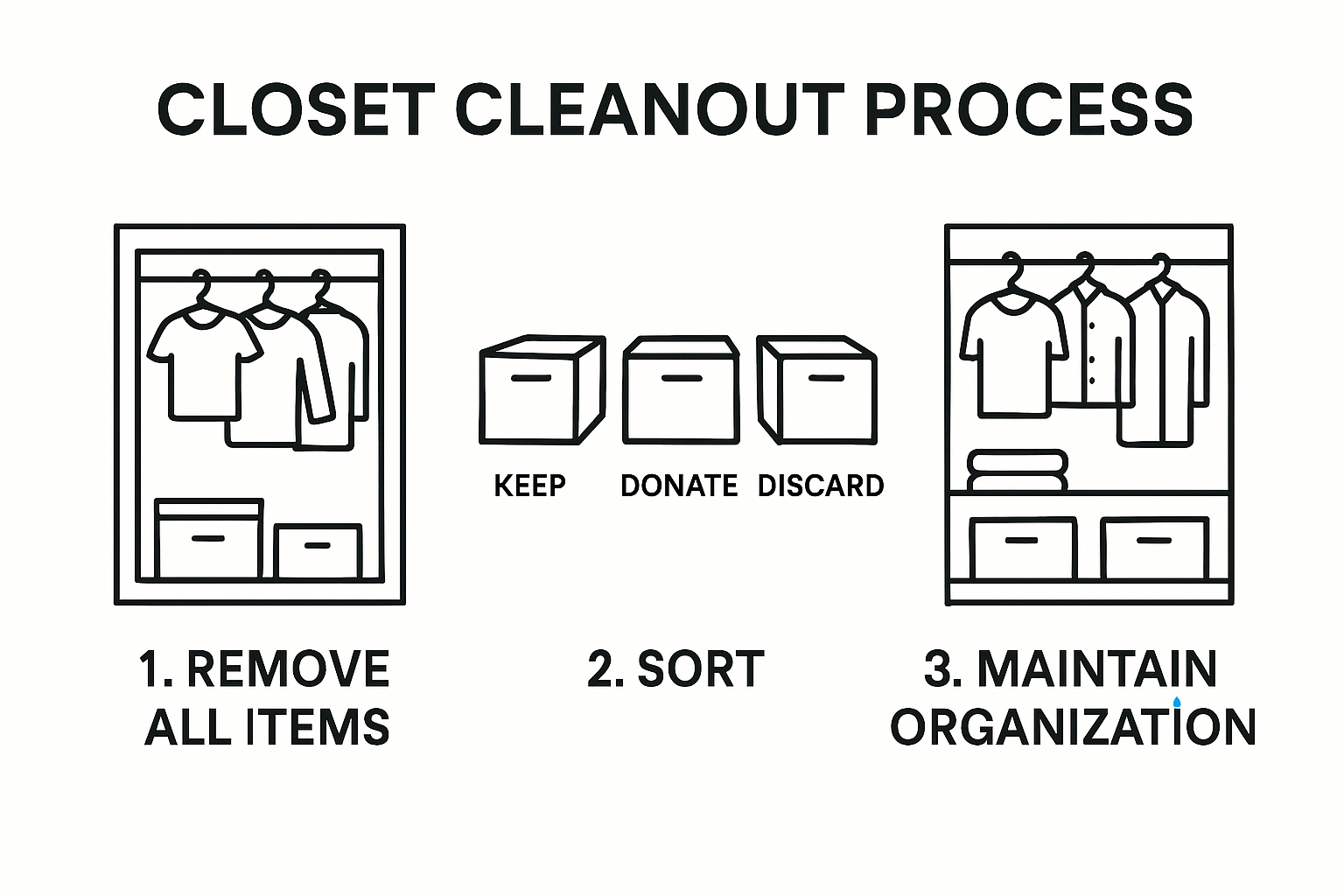 Visual guide to the closet cleanout process and organization