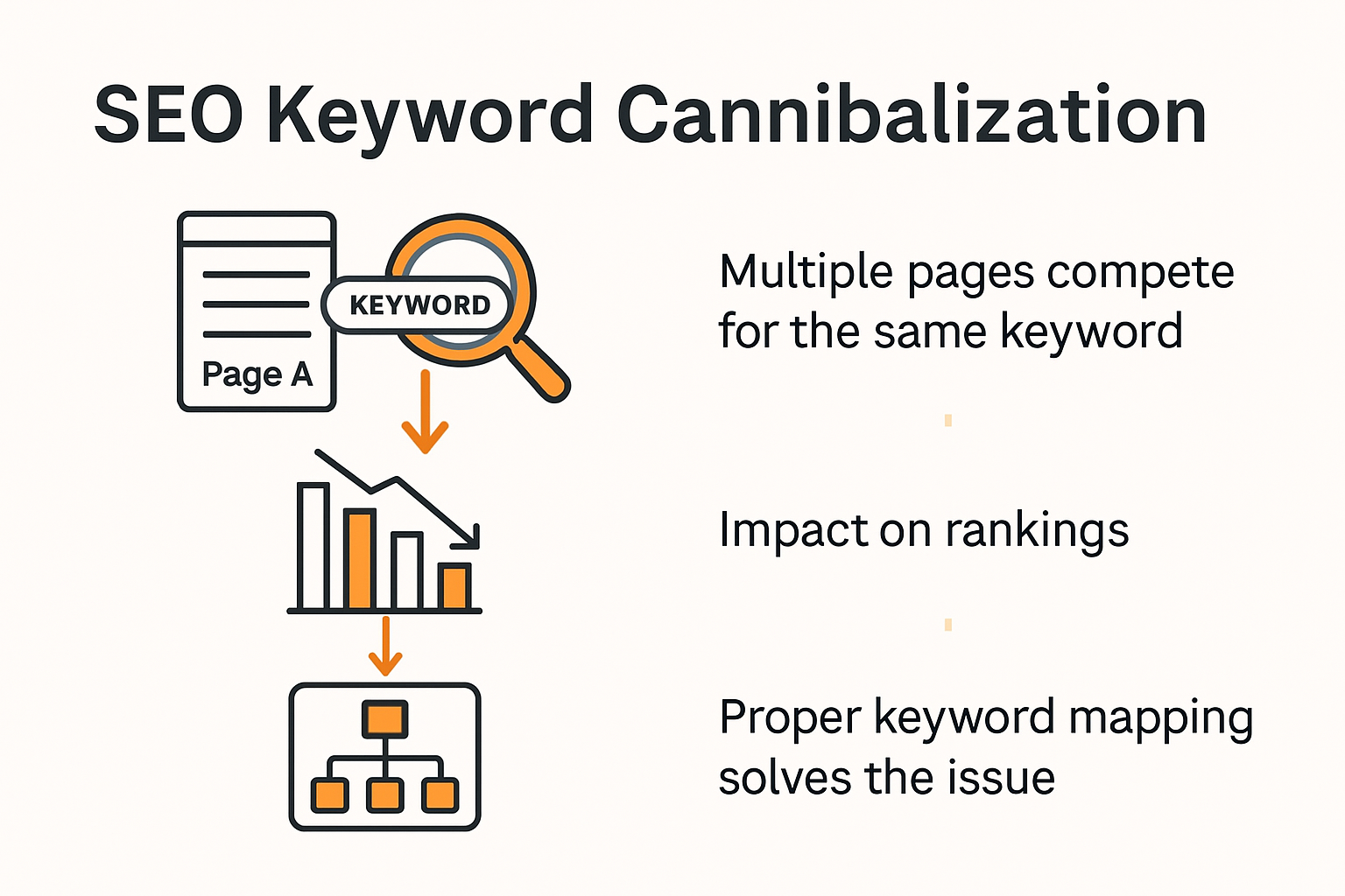 Infographic explaining SEO keyword cannibalization with visual diagram