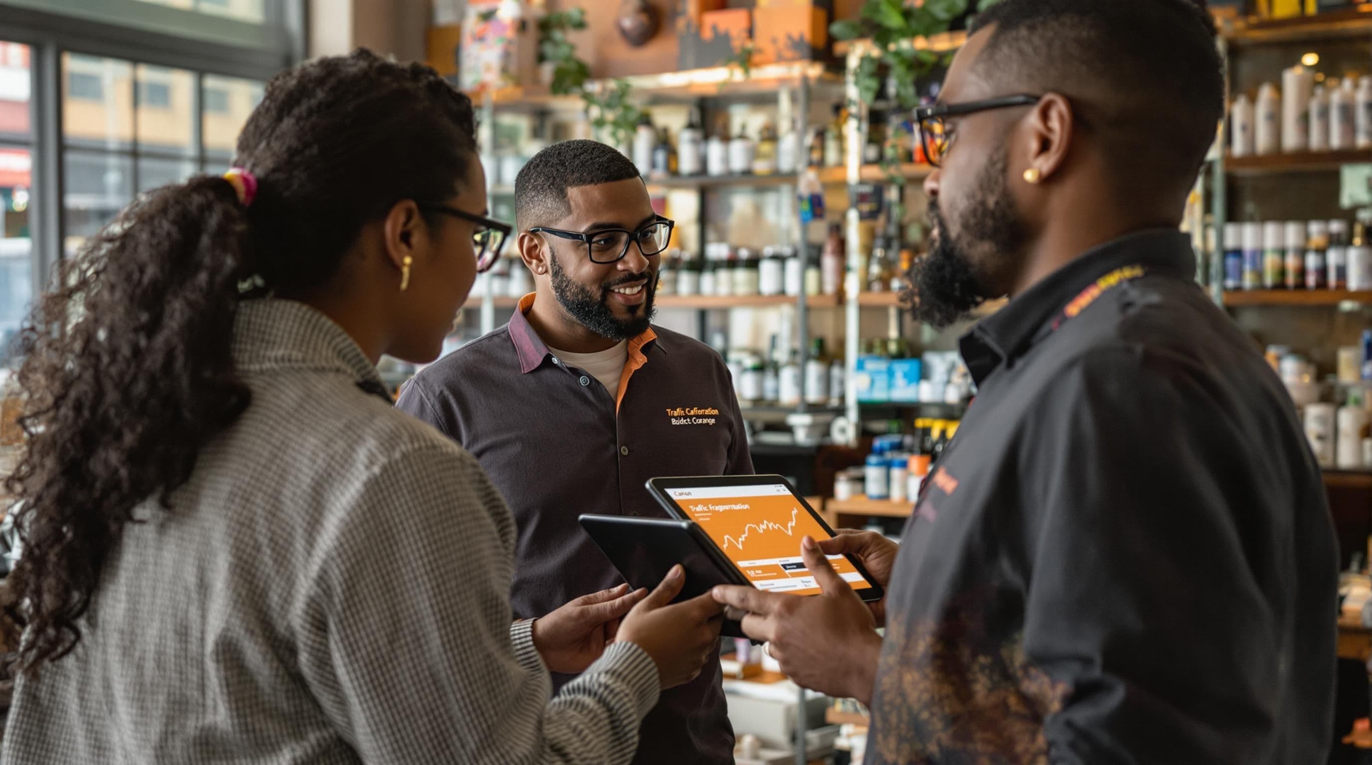 Dispensary staff reviewing tablet analytics showing 'Traffic Fragmentation' issue