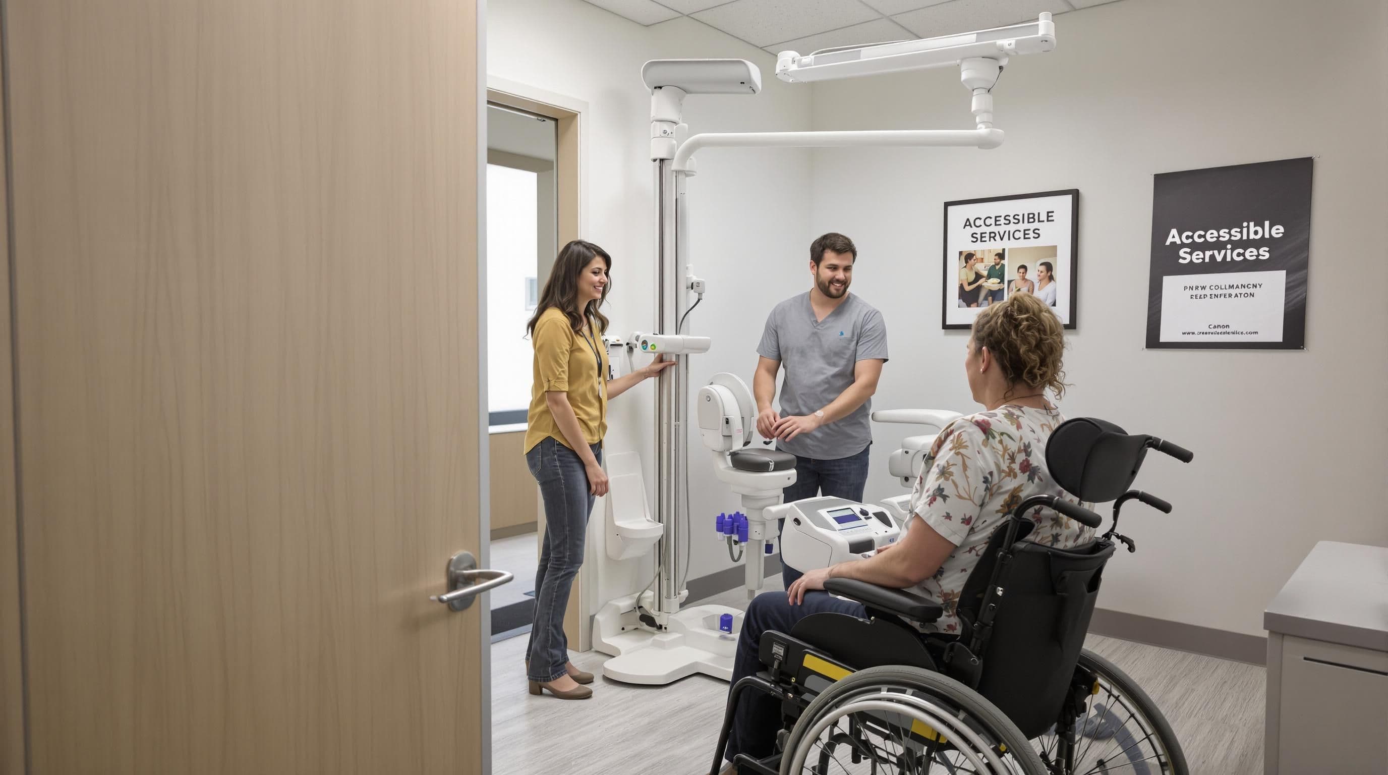 Family and staff assist wheelchair user in accessible Edmonton dental room