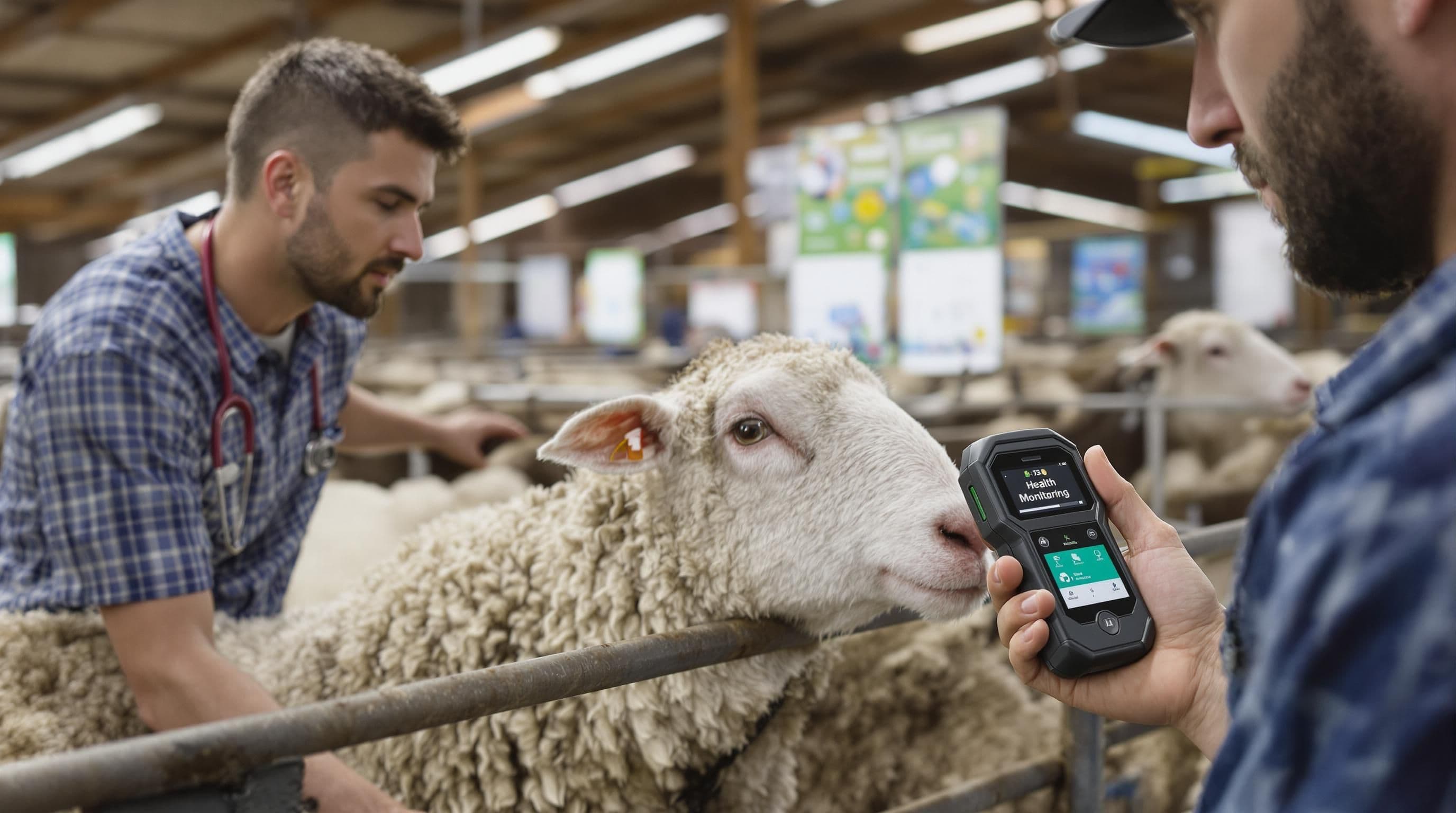 Veterinarian scans sheep ear tag for health monitoring data