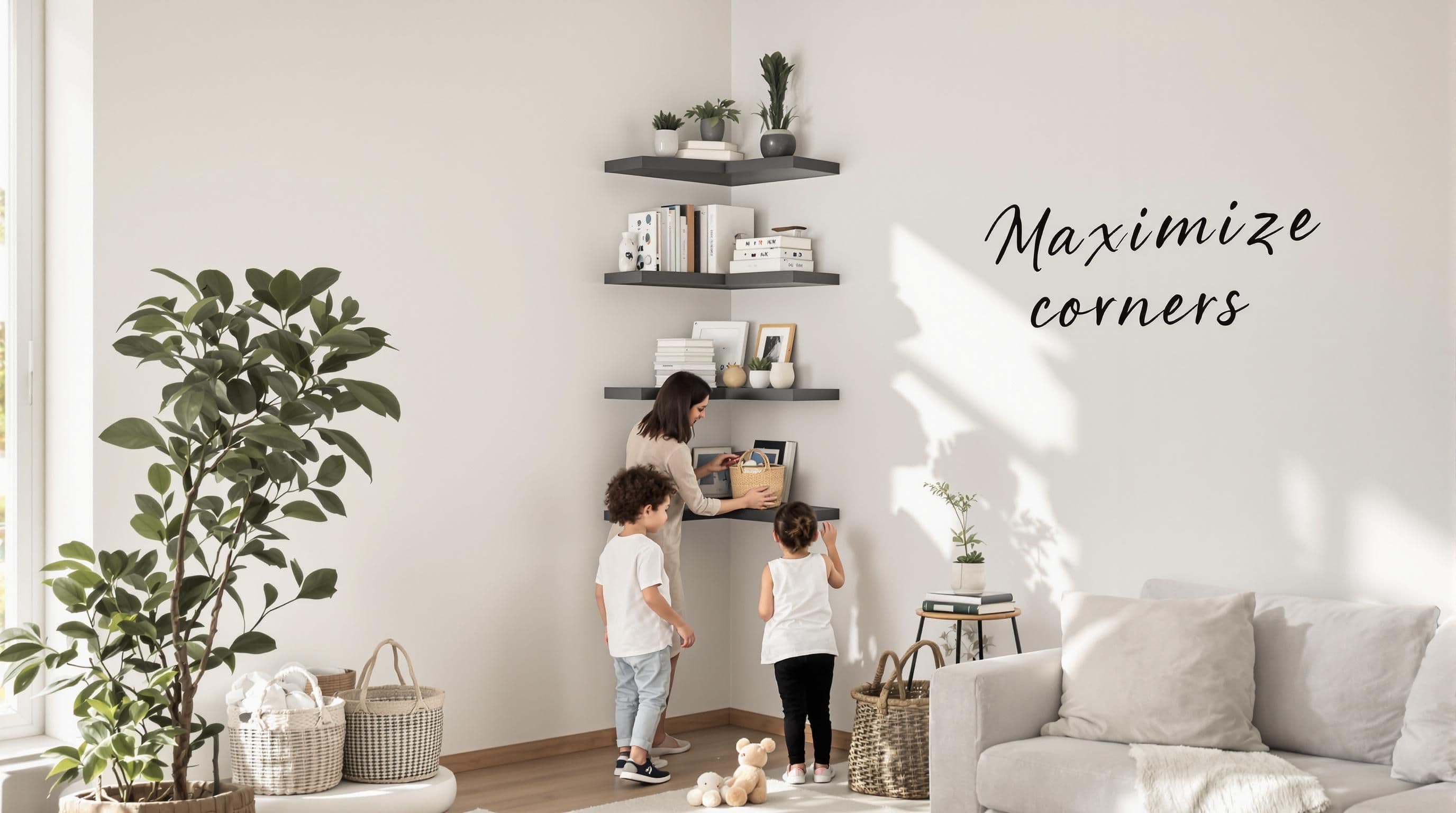 Bright family living room with corner shelves and 'Maximize Corners' text