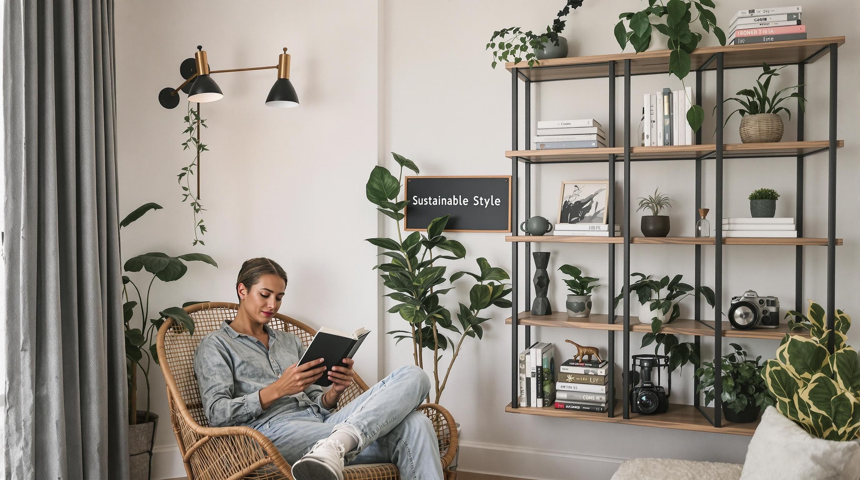 Reading nook with sustainable corner shelves and 'Sustainable Style' sign