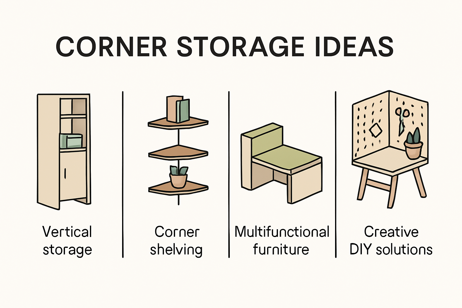Infographic showing corner storage ideas for small spaces