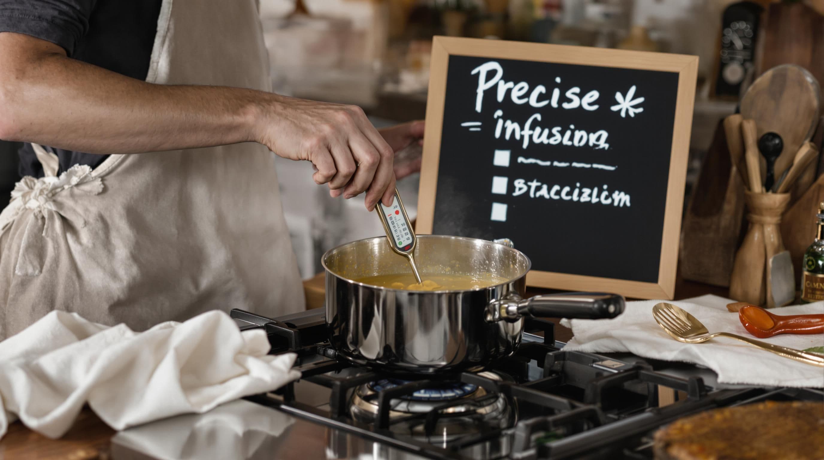 Person infusing cannabis butter with thermometer and safety tools