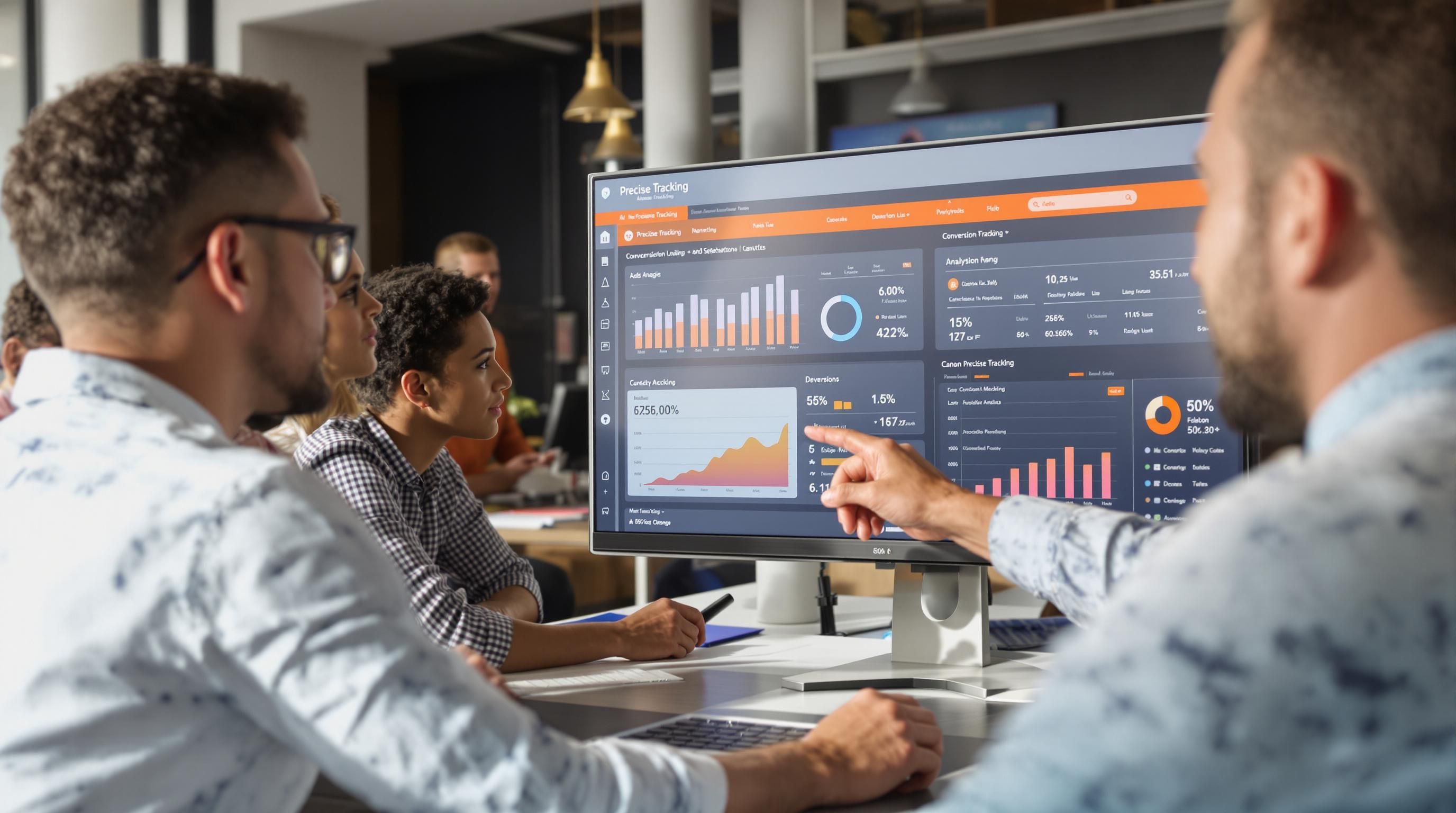 Marketing team reviews conversion tracking data on screens in office
