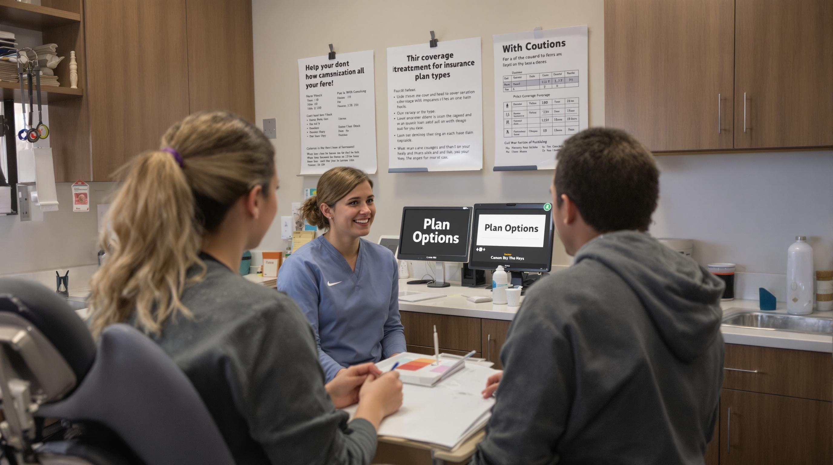 Dentist explains insurance plan options to patient and parent in exam room