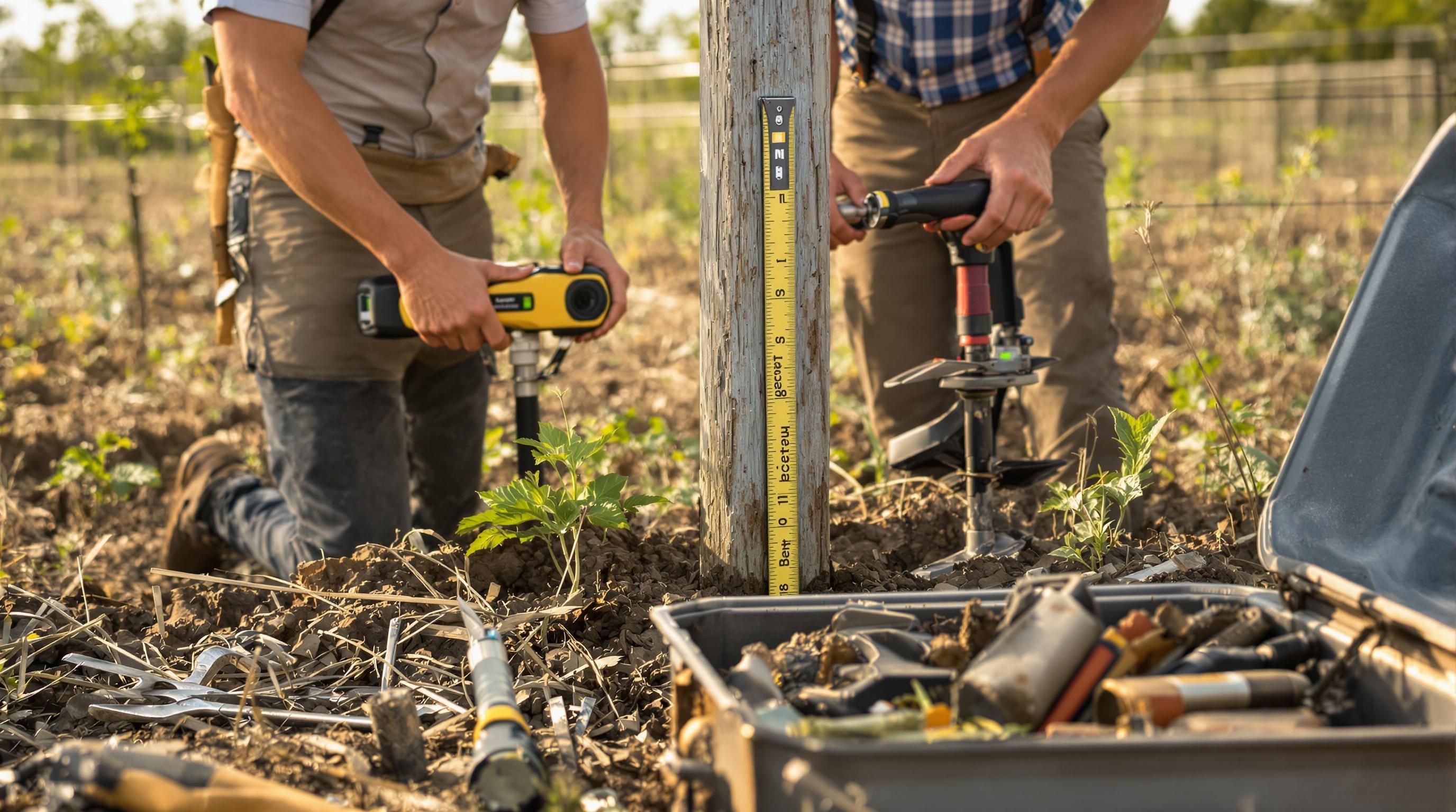 Farmers using level and tools for precise fence post placement
