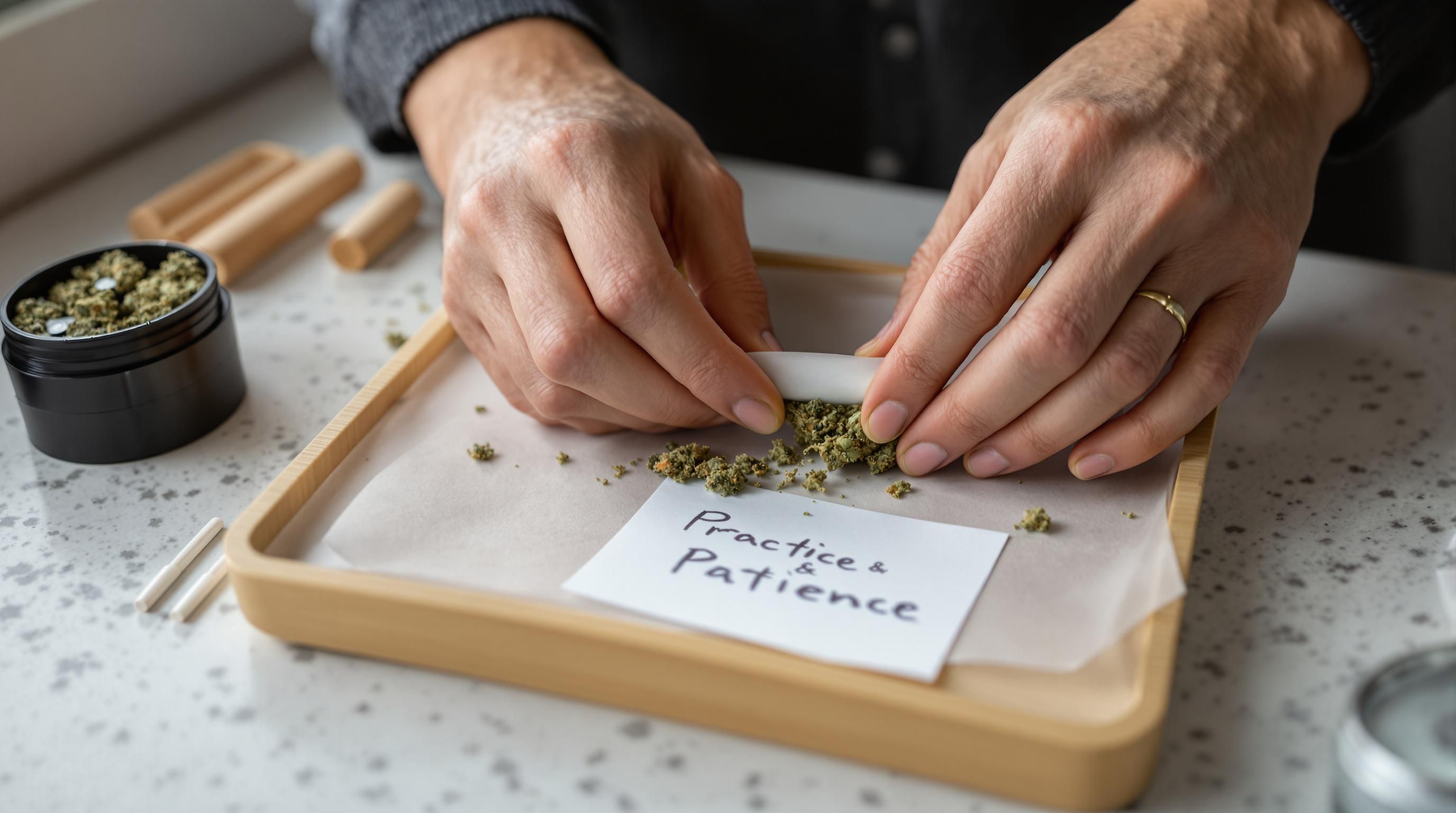 Hands rolling a joint with supplies and reminder note visible