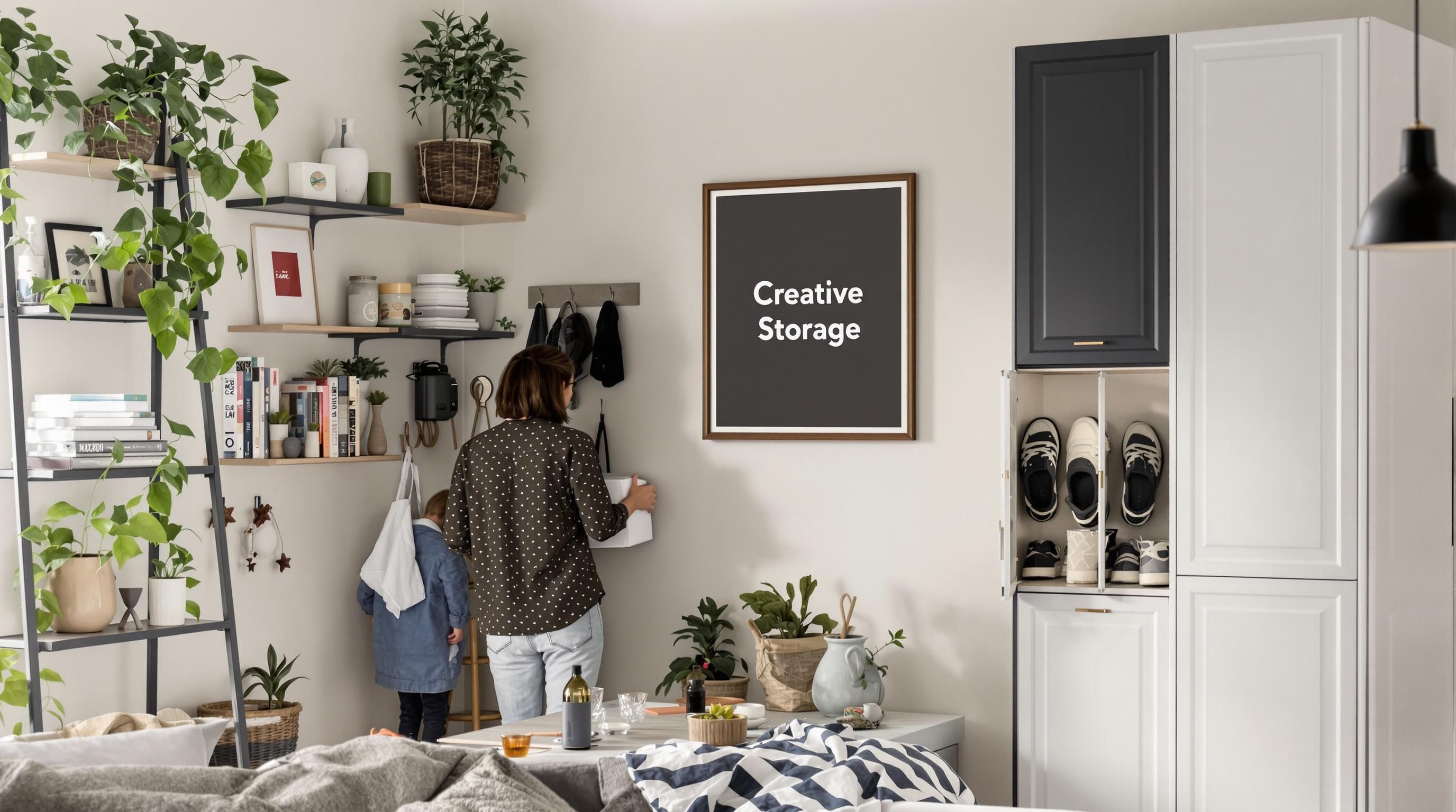 Woman and child organize items using creative vertical corner storage