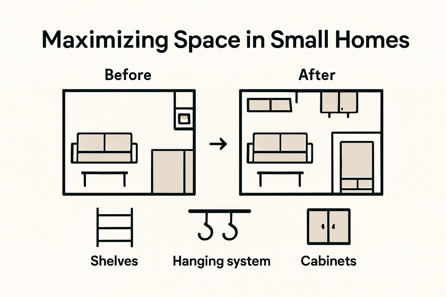 Infographic showing vertical storage solutions for small spaces