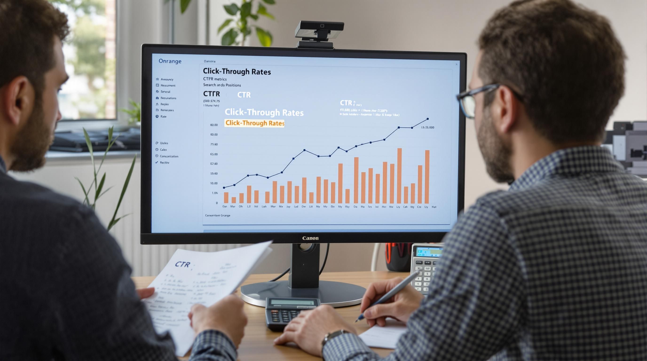 Marketers analyzing SEO click-through rates and ROI calculations at a desk