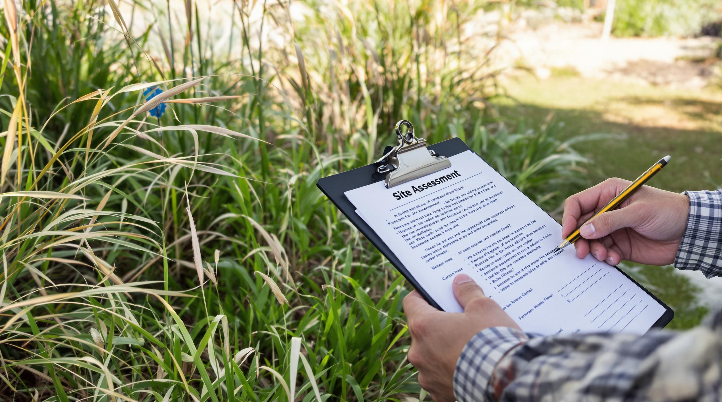 Landscape architect assessing Calgary yard terrain and documenting site details
