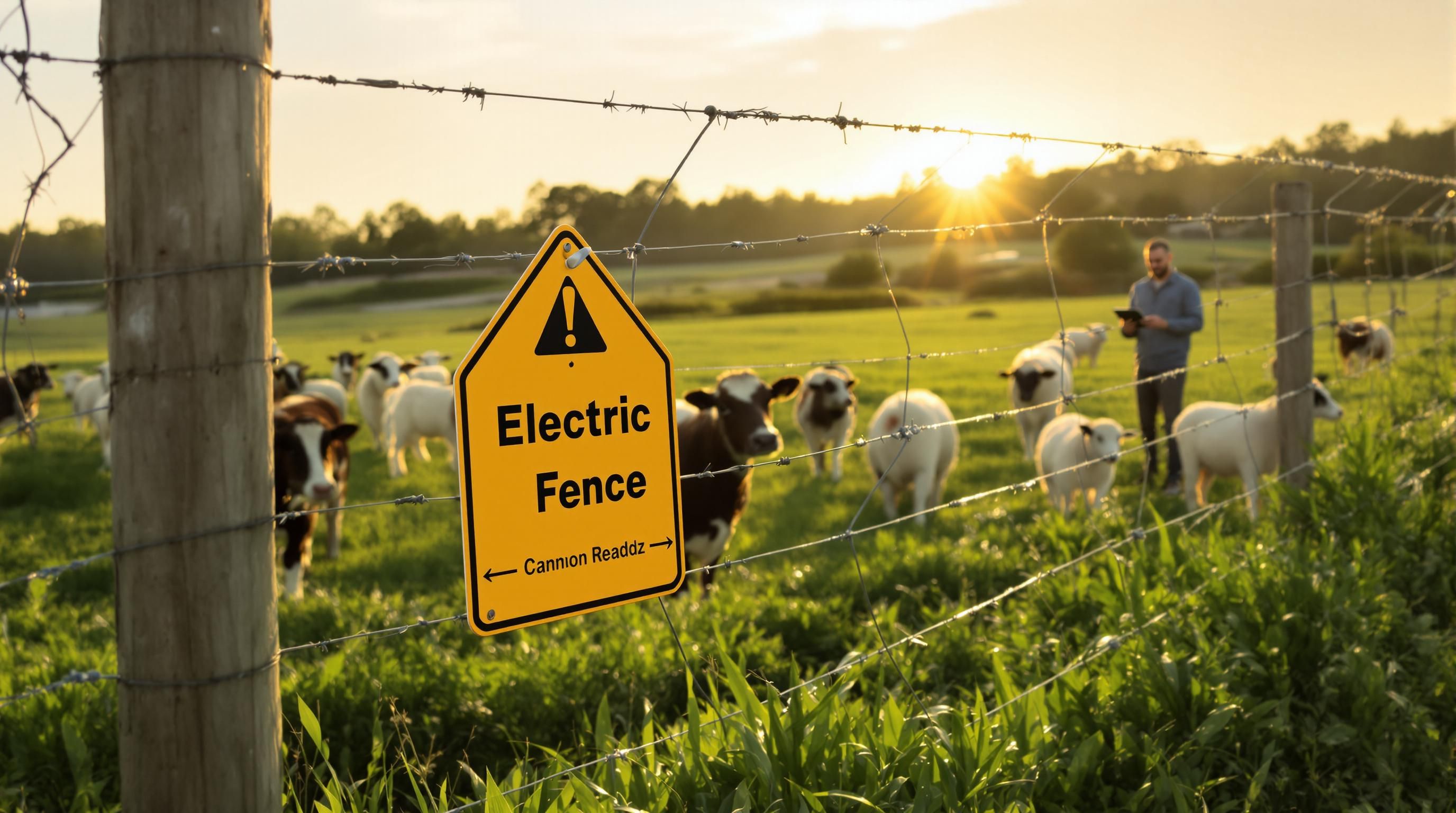 Farmer checking electric fence with livestock and warning sign