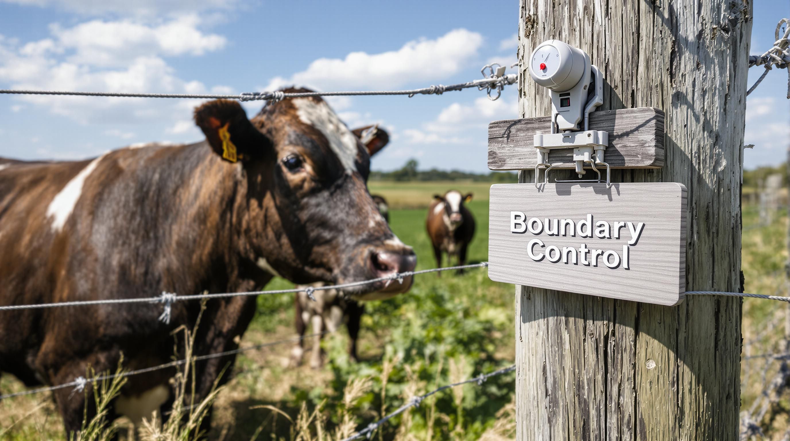 Cow pausing at electrified fence with boundary control sign
