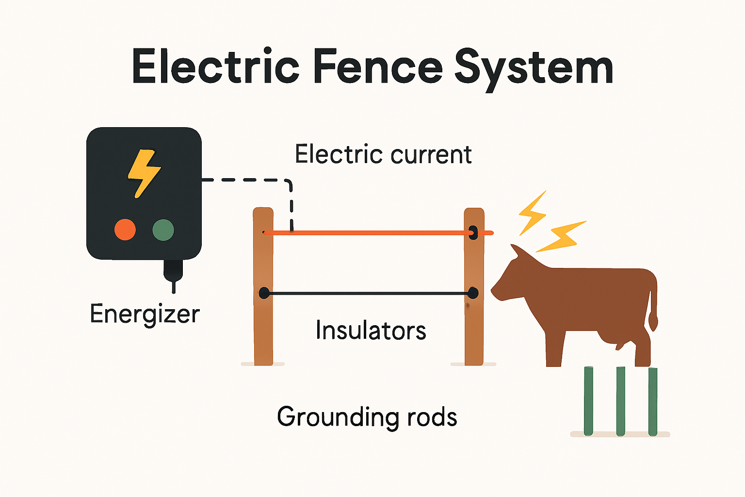 Infographic showing electric fence components and current flow