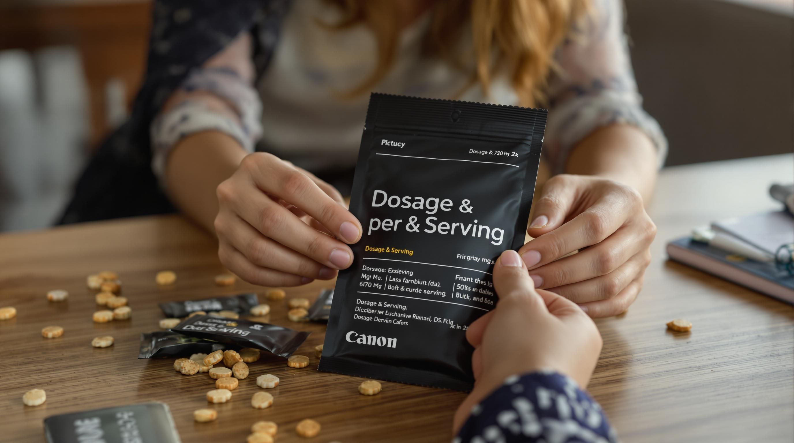 Hands holding cannabis edible with dosage information label visible