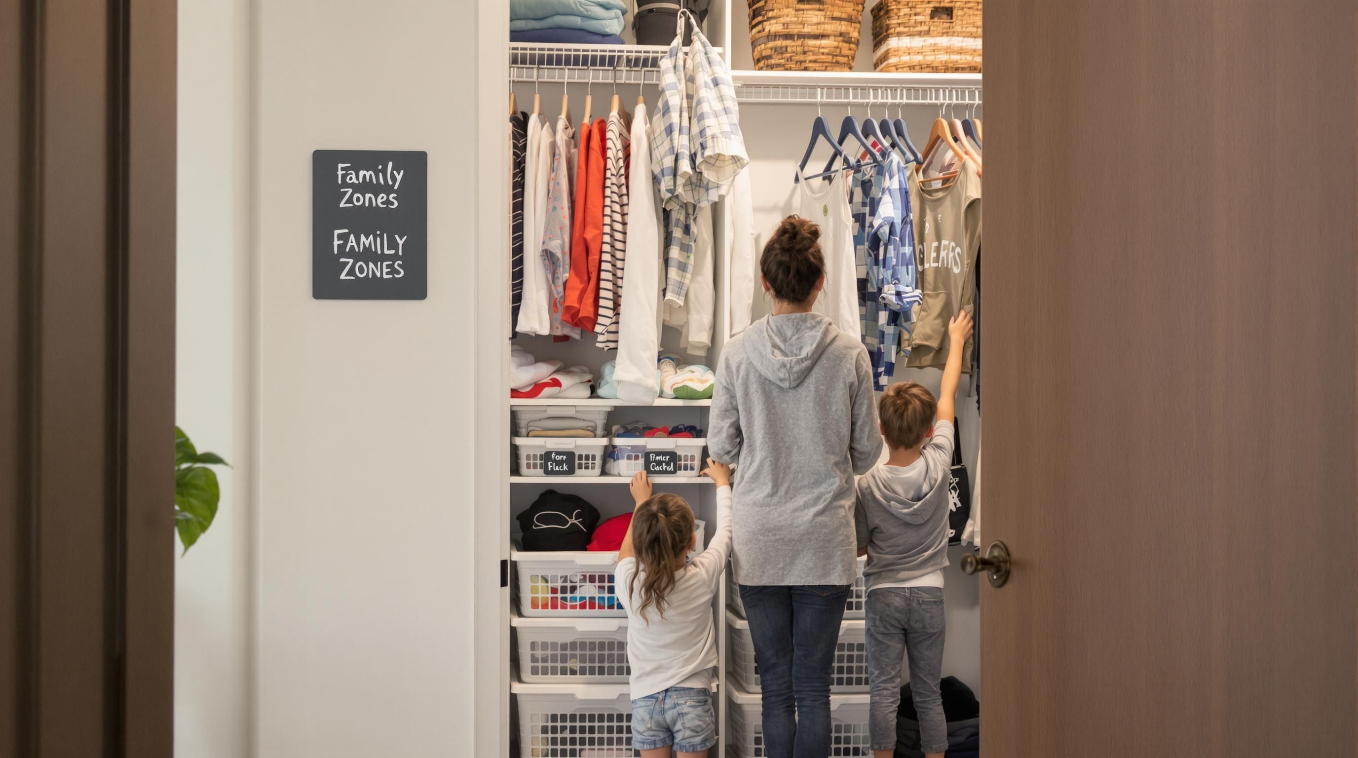 Family-focused closet with labeled zones and shared organization system