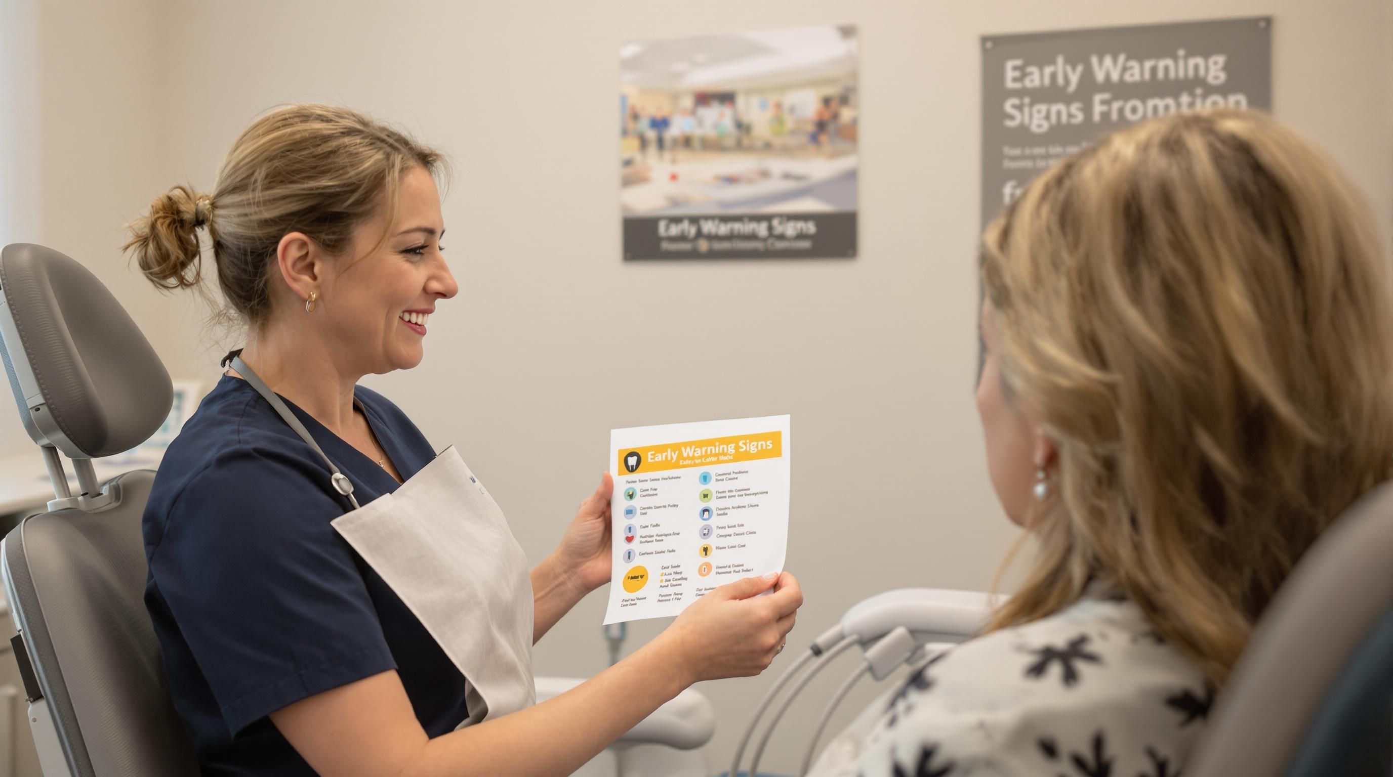 Dental patient learns about early gum disease warning signs