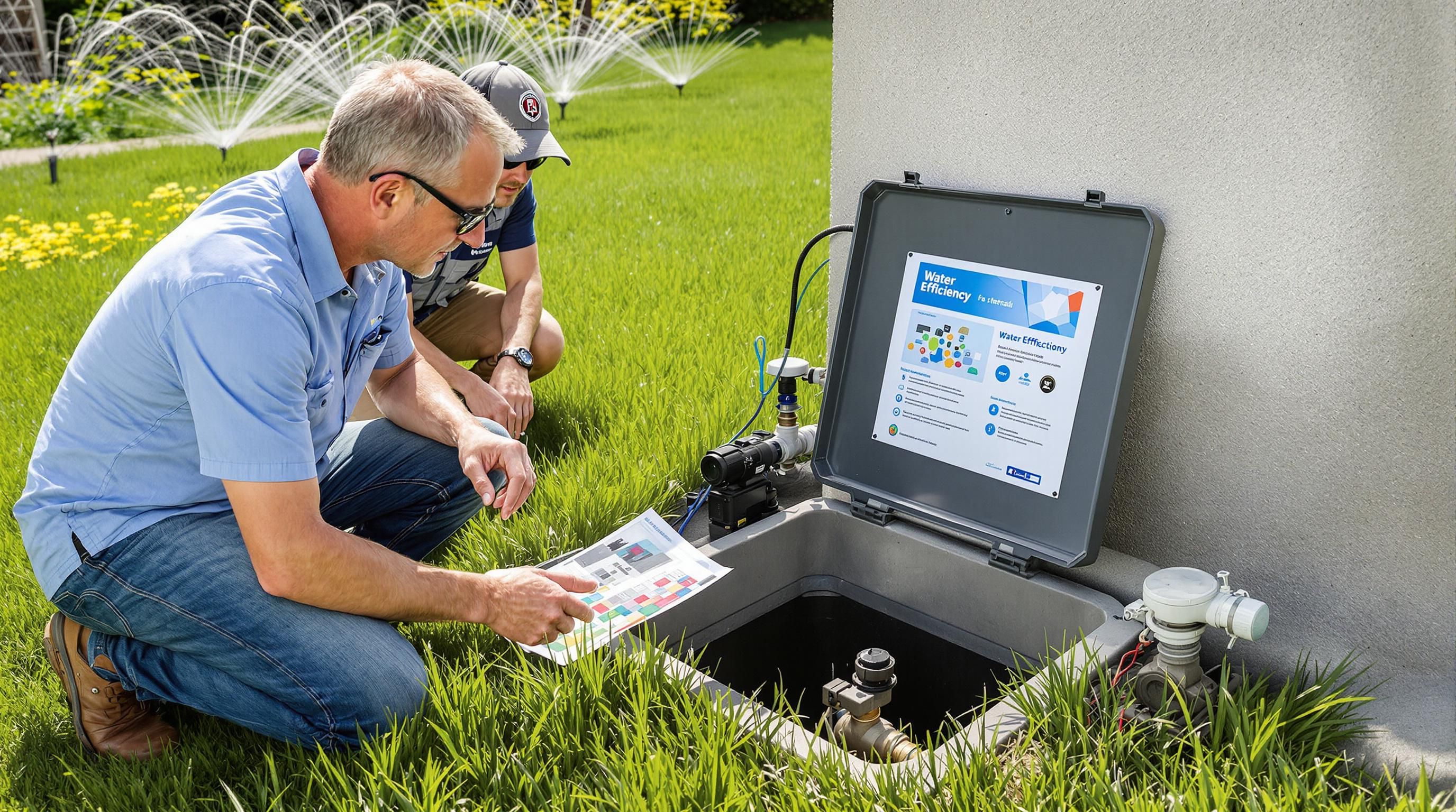 Inspecting irrigation valve box in Calgary with 'Water Efficiency' poster in view
