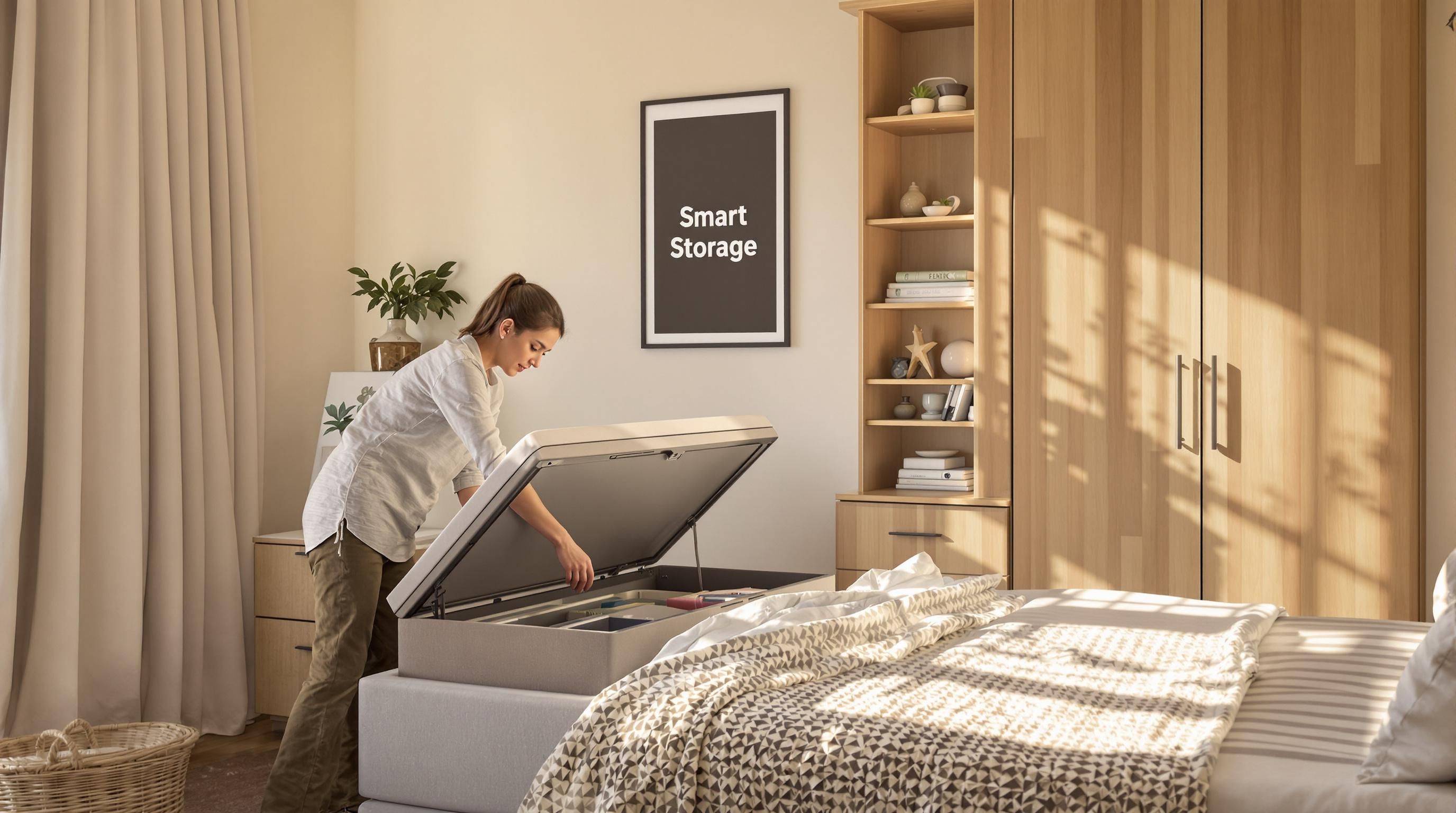 Woman using ottoman storage in a compact, organized bedroom
