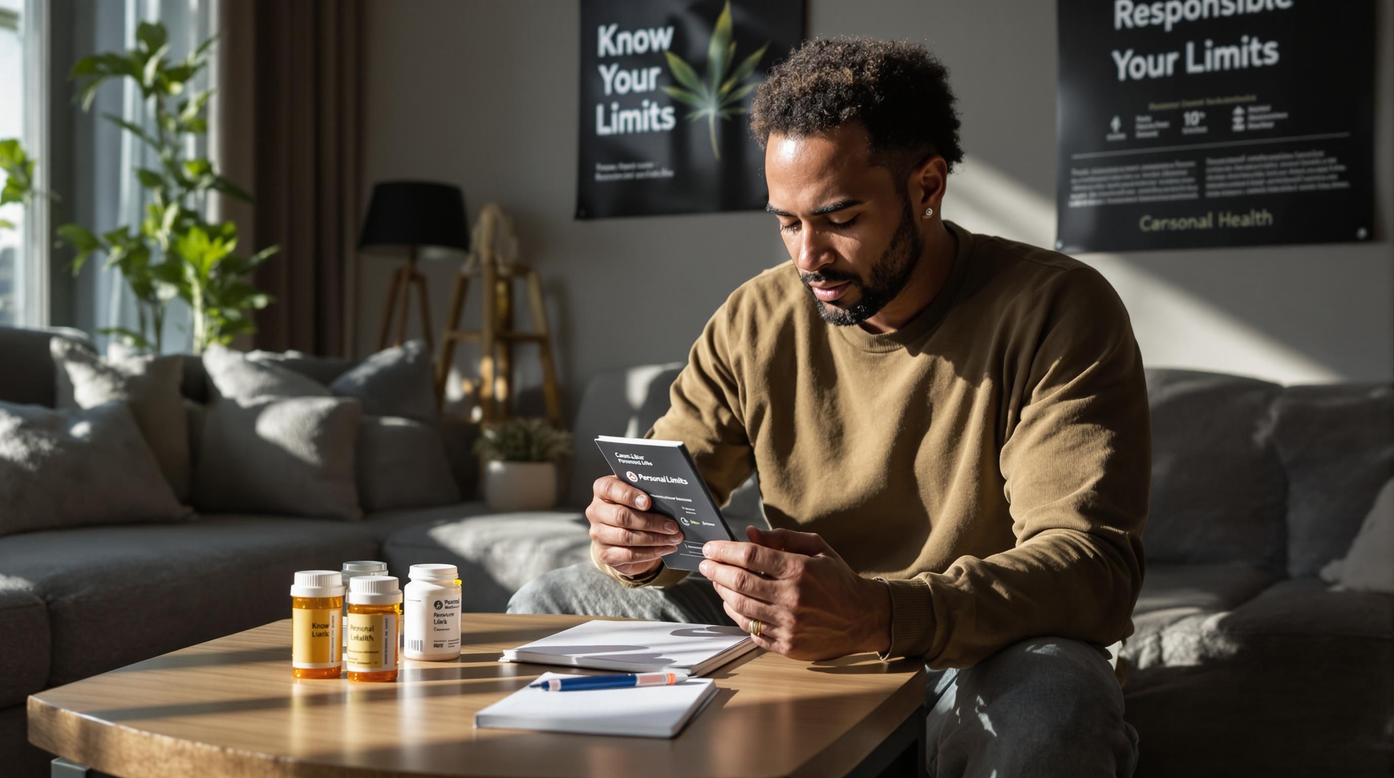 Person reading edible package with 'Know Your Limits' safety poster