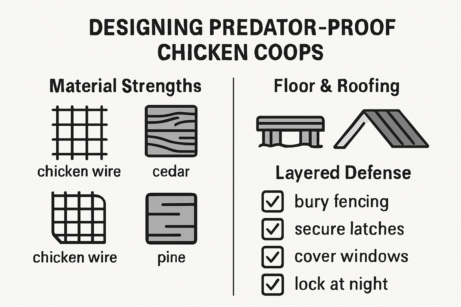 Infographic comparing materials and design for predator proof chicken coops