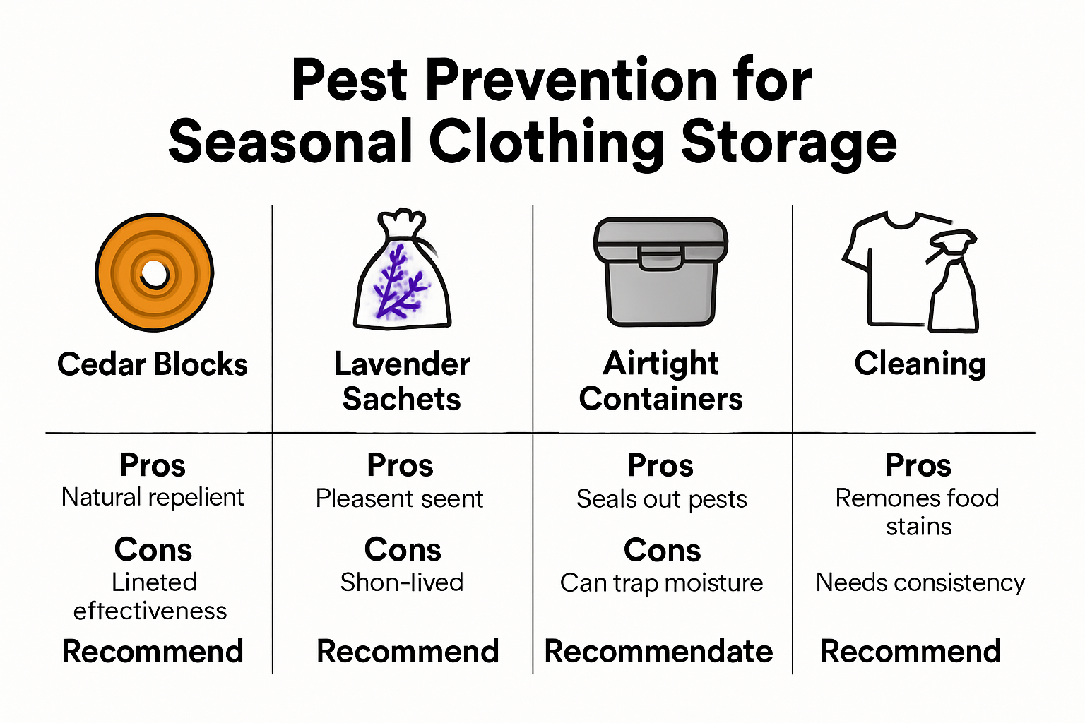 Infographic comparing pest prevention methods for clothing storage
