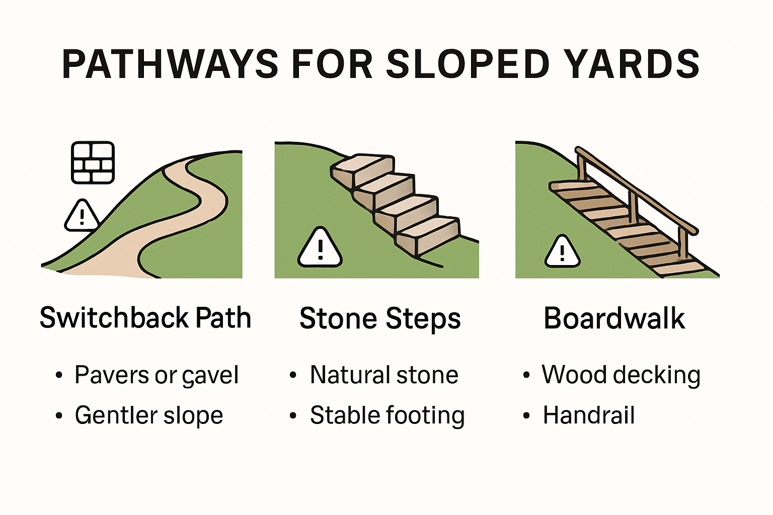 Visual comparison of pathway designs for sloped yards