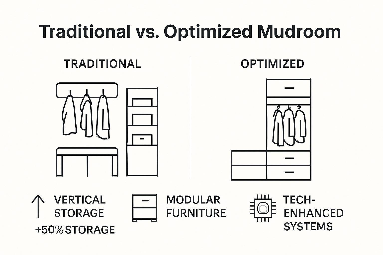 Infographic comparing mudroom storage strategies and outcomes