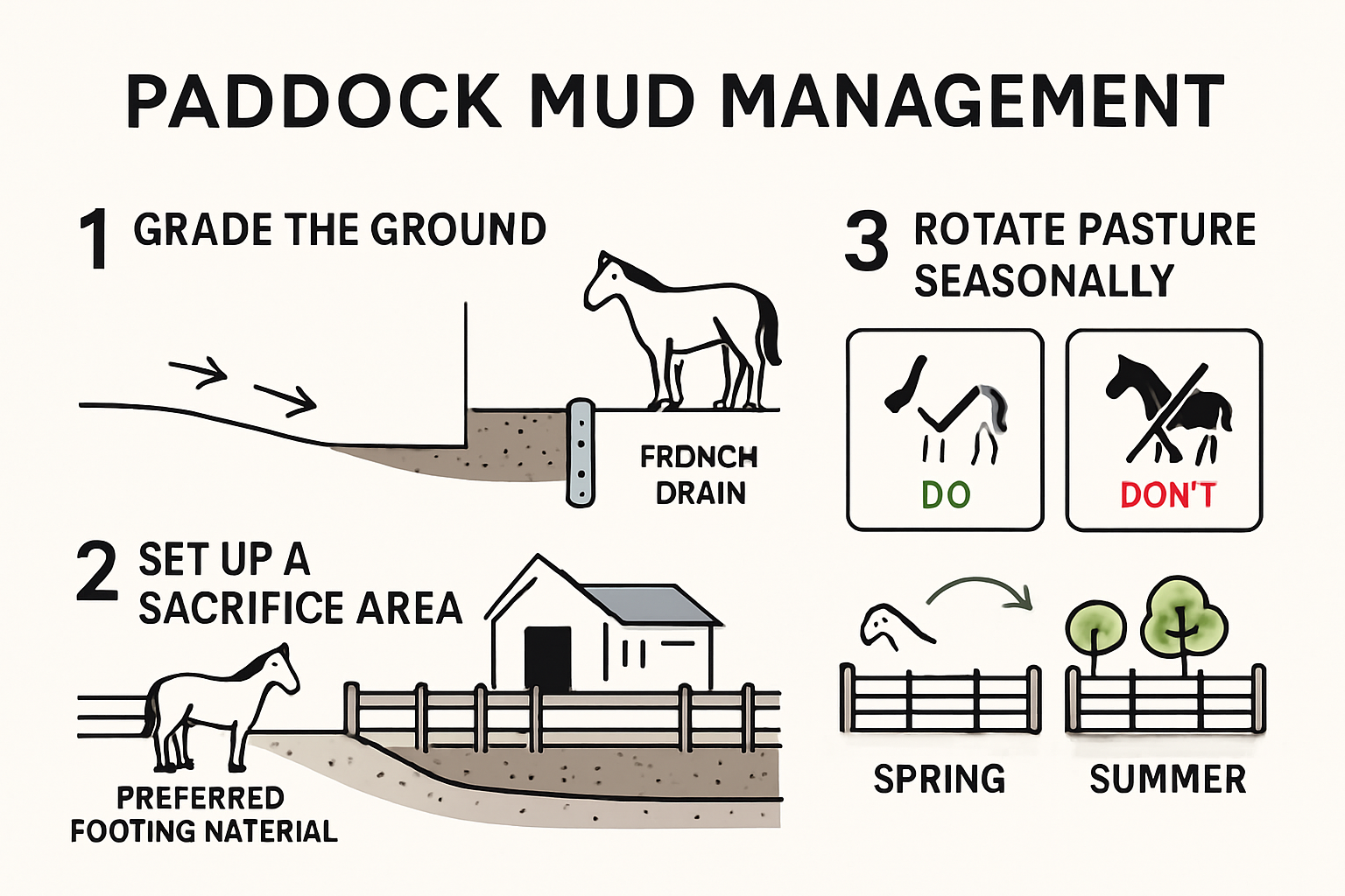 Infographic showing horse paddock mud management steps and solutions