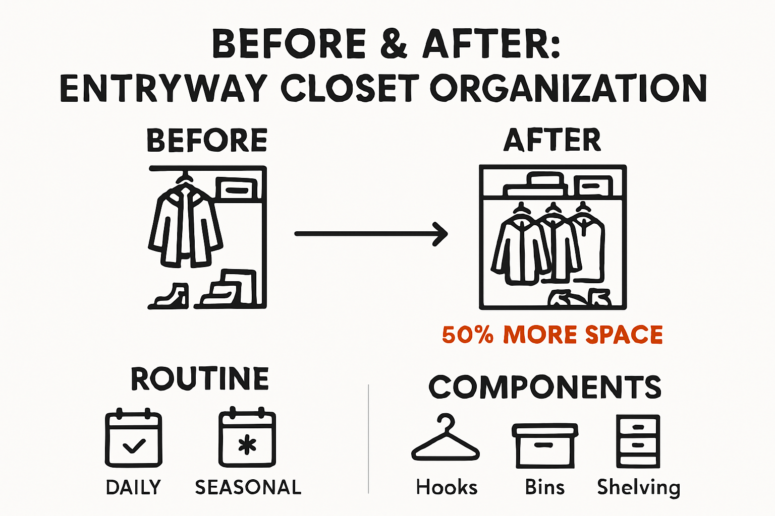 Infographic illustrating before and after entryway closet organization