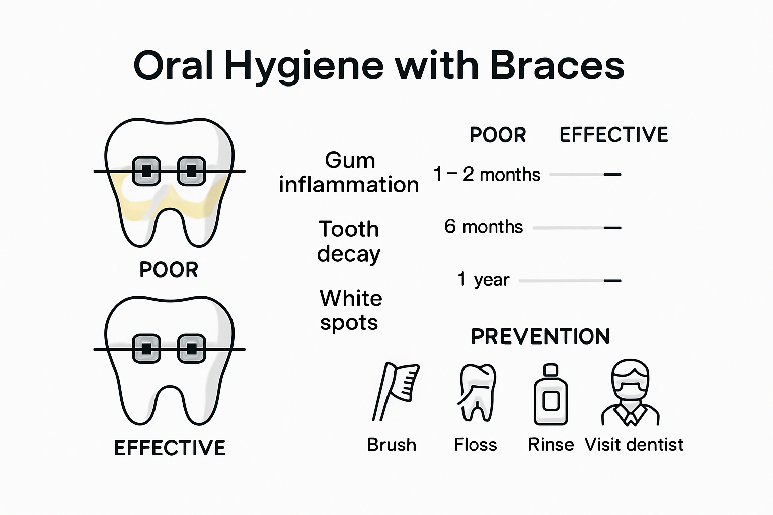 Infographic showing oral hygiene risks and prevention with braces