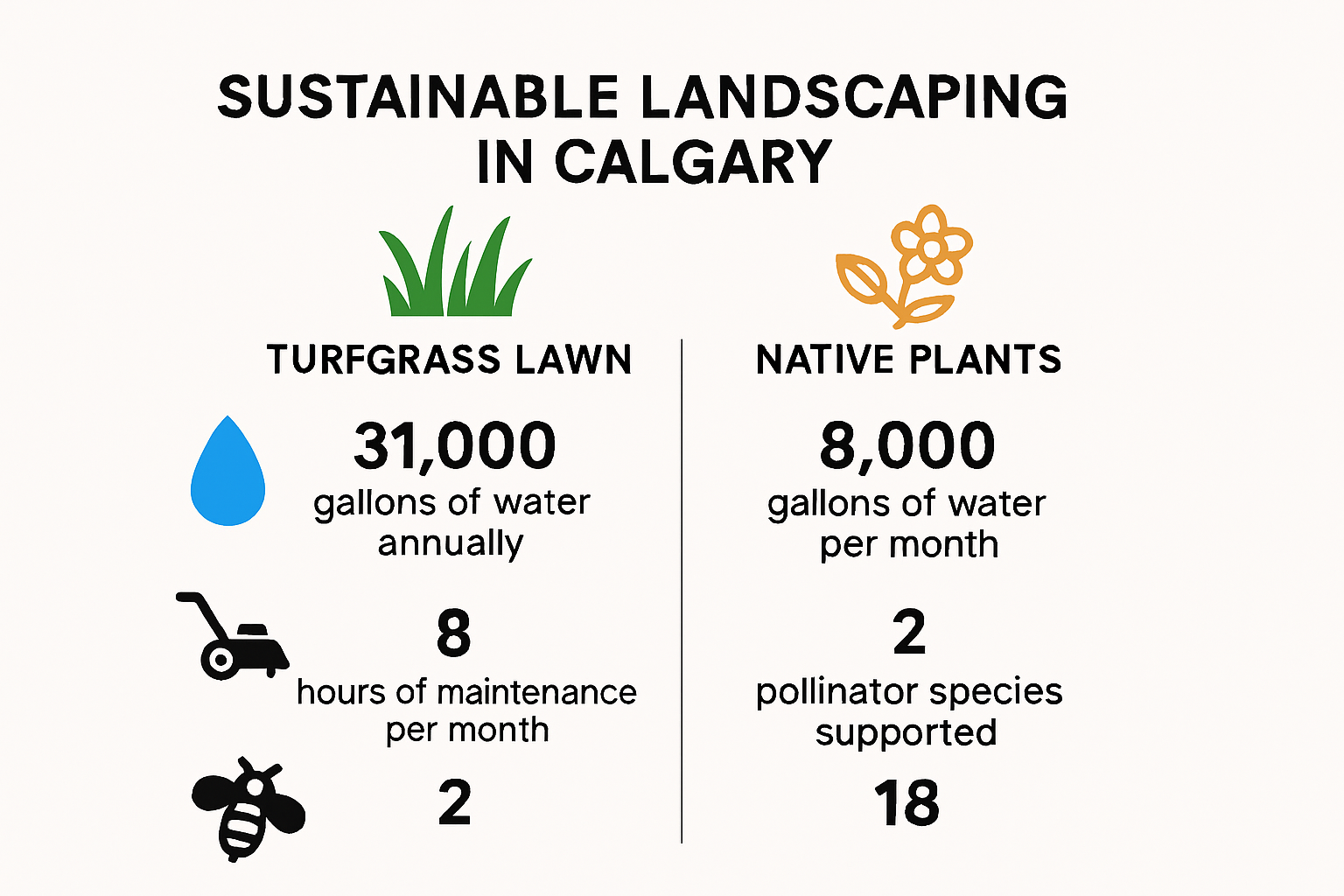 Infographic comparing water use and maintenance for lawns versus native landscaping