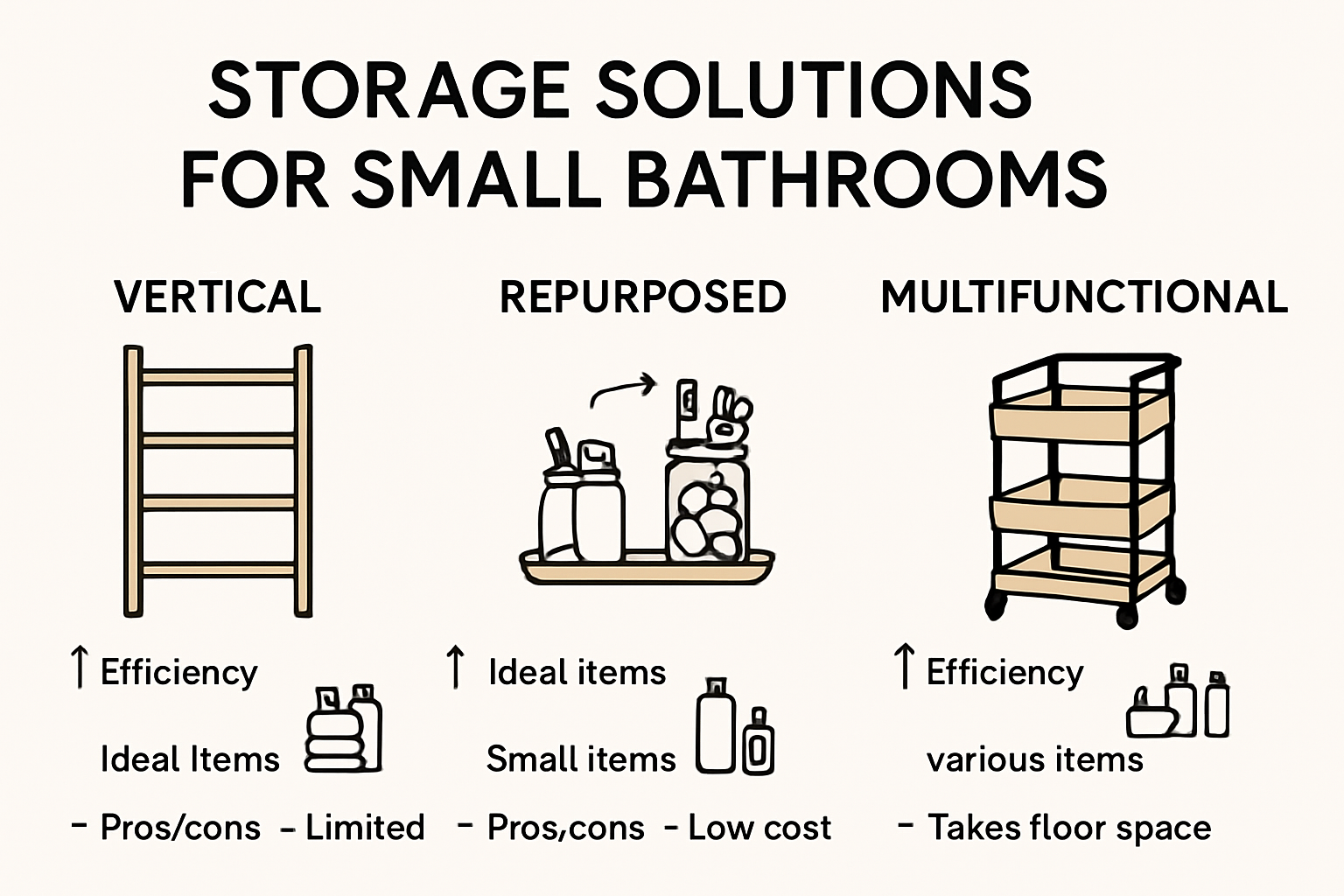 Infographic comparing small bathroom storage solutions