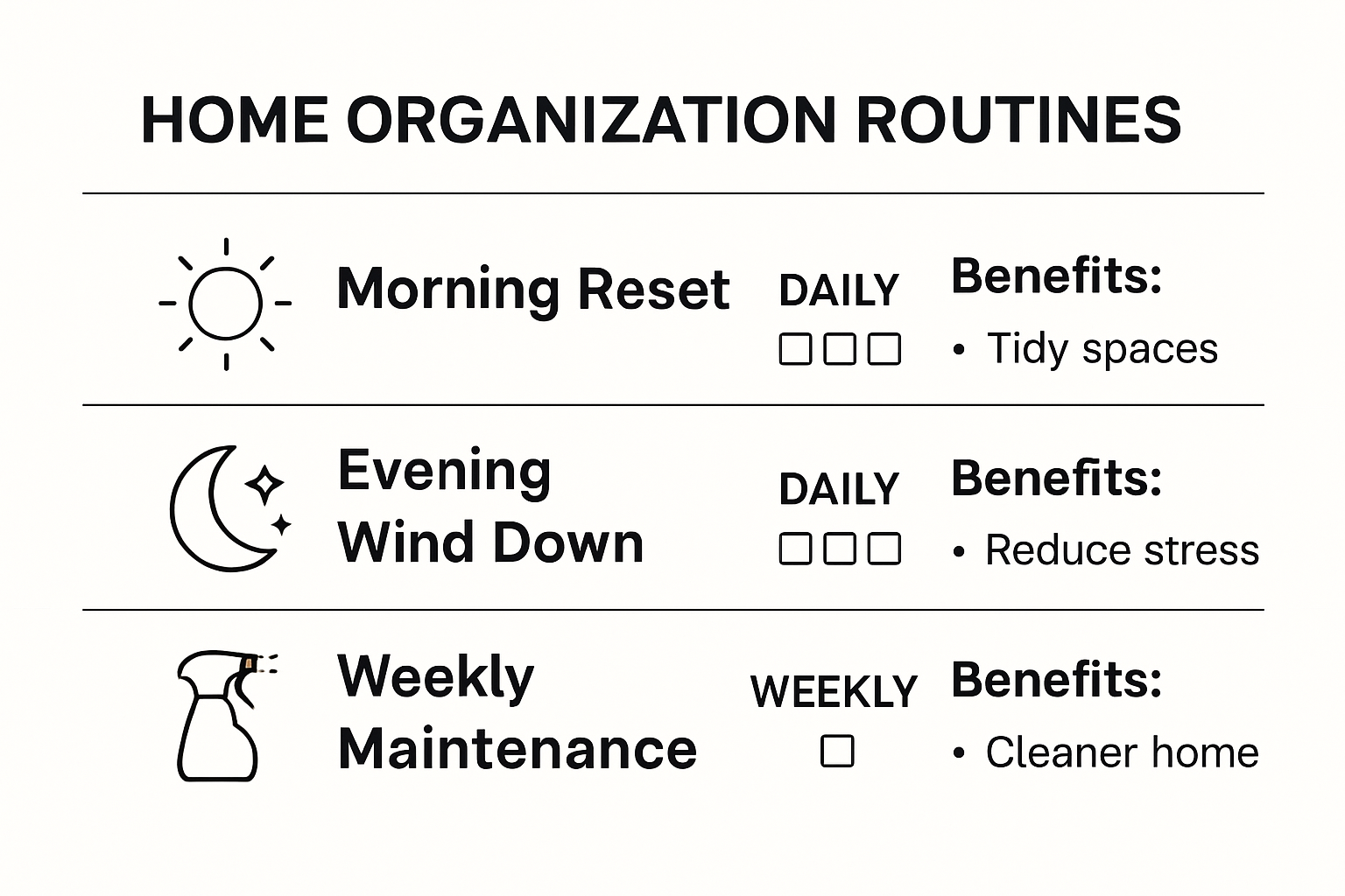 Infographic showing daily and weekly home organization routines