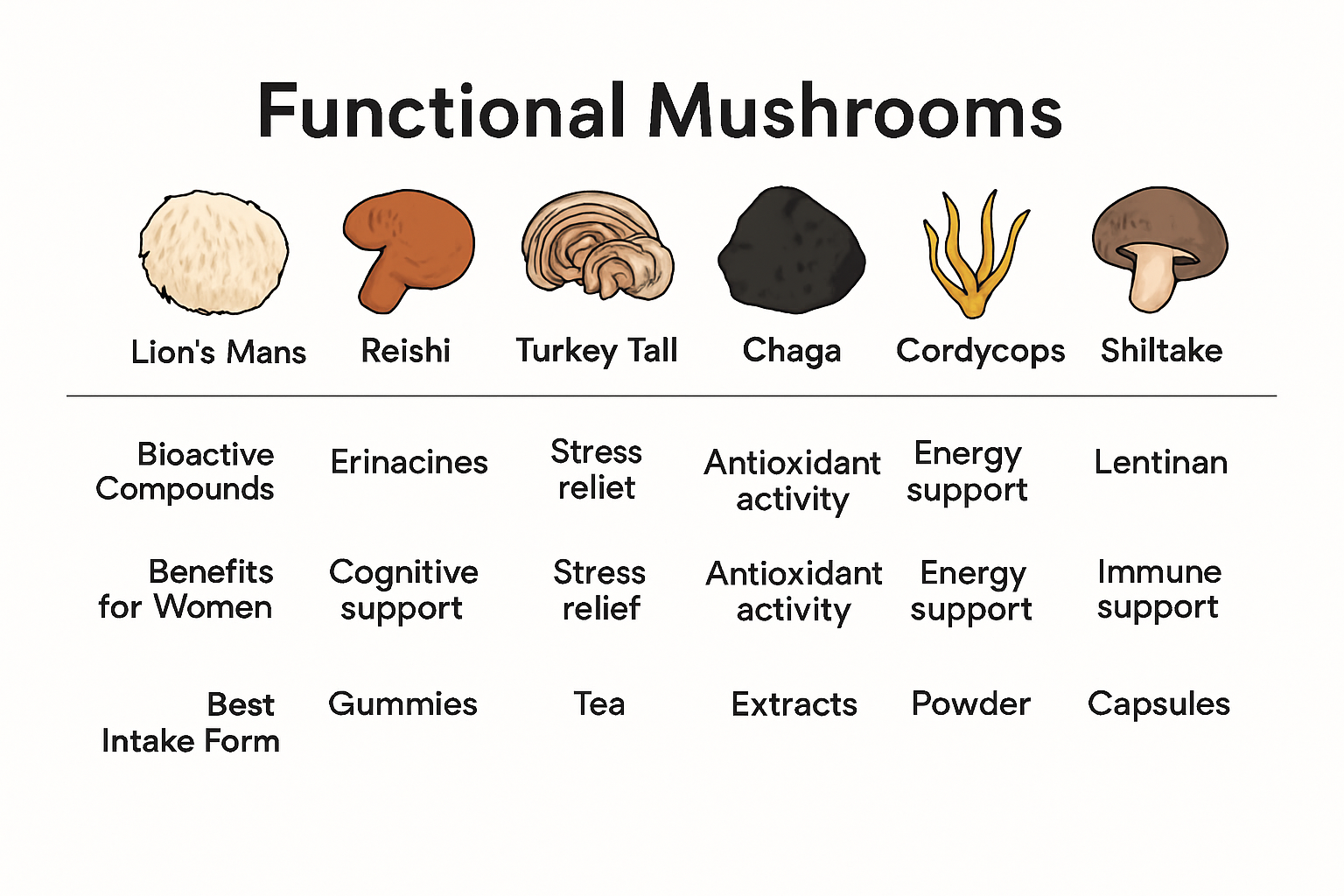 Key functional mushrooms for women's immune support infographic