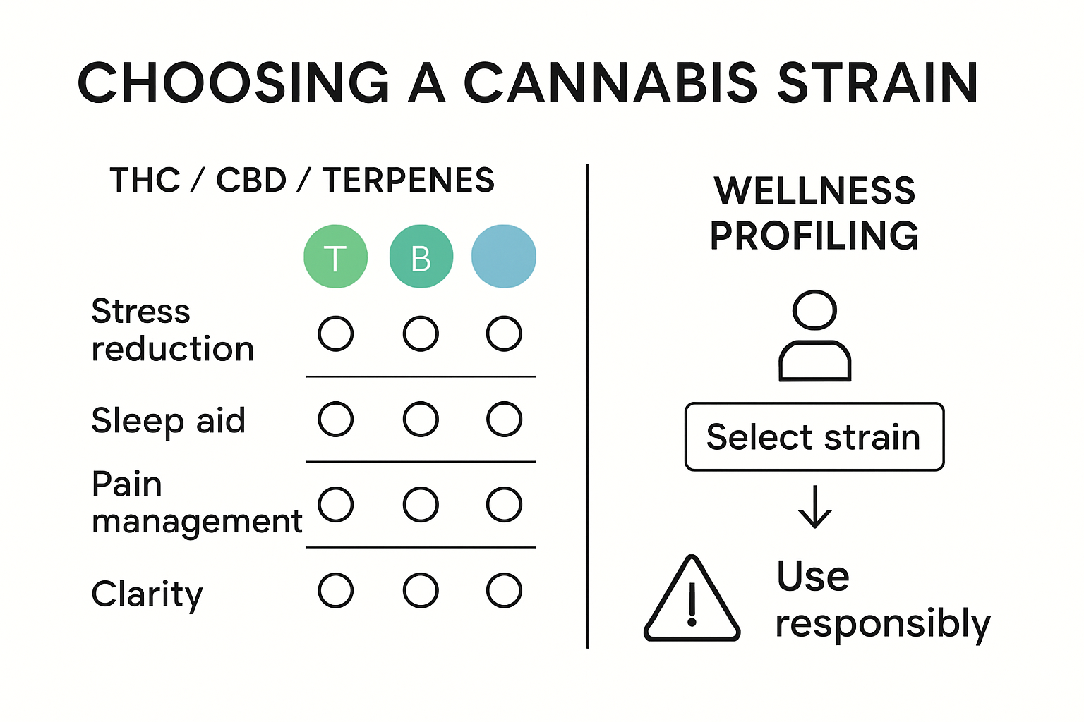 Infographic showing cannabis strain profiles and personalized wellness benefits
