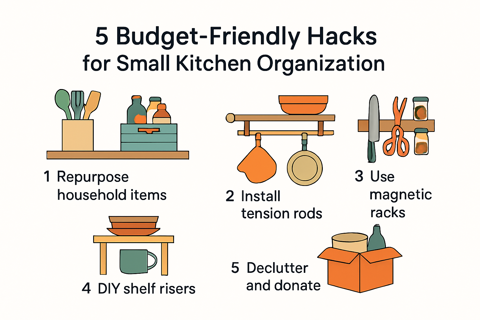 Infographic with five small kitchen organization hacks