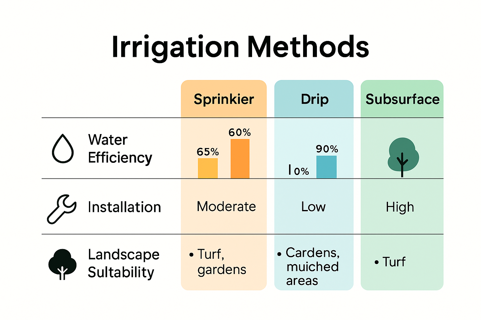 Infographic comparing irrigation system types for efficiency and suitability