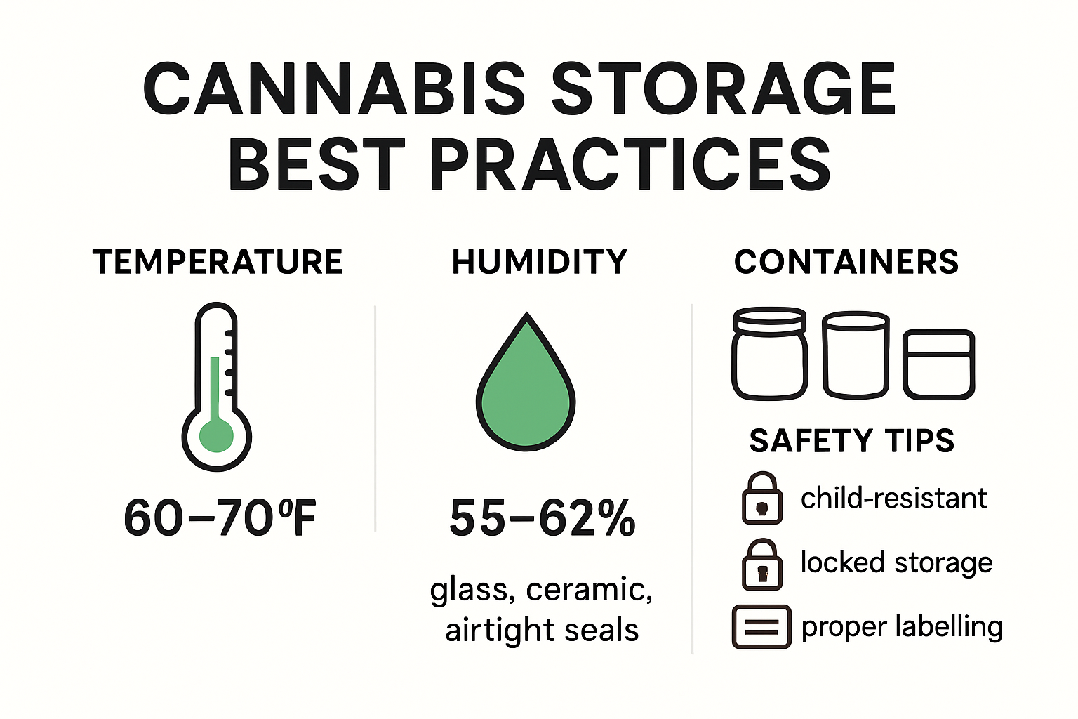 Cannabis storage best practices infographic with temps, humidity, and containers