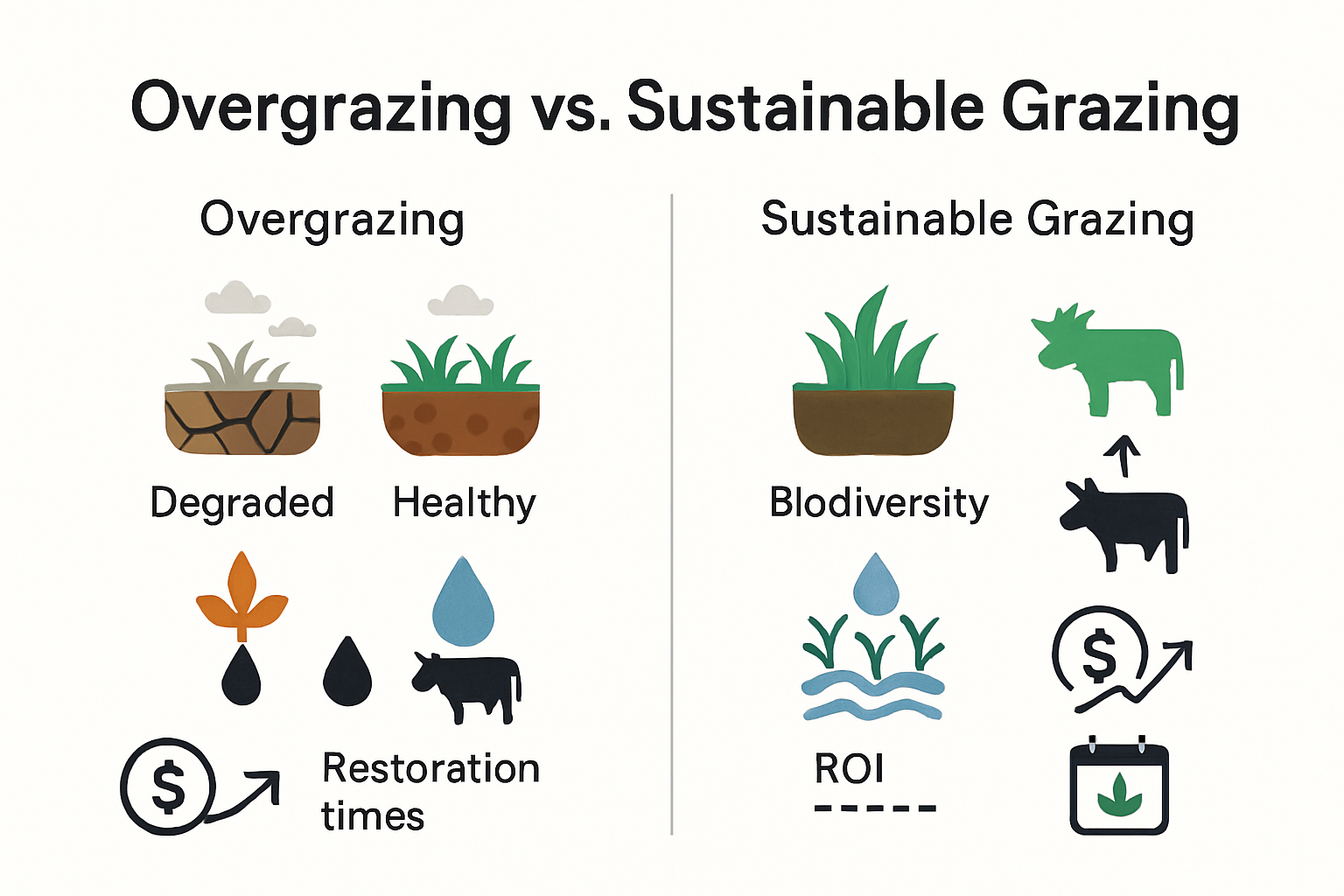 Infographic comparing overgrazed vs. healthy pasture outcomes